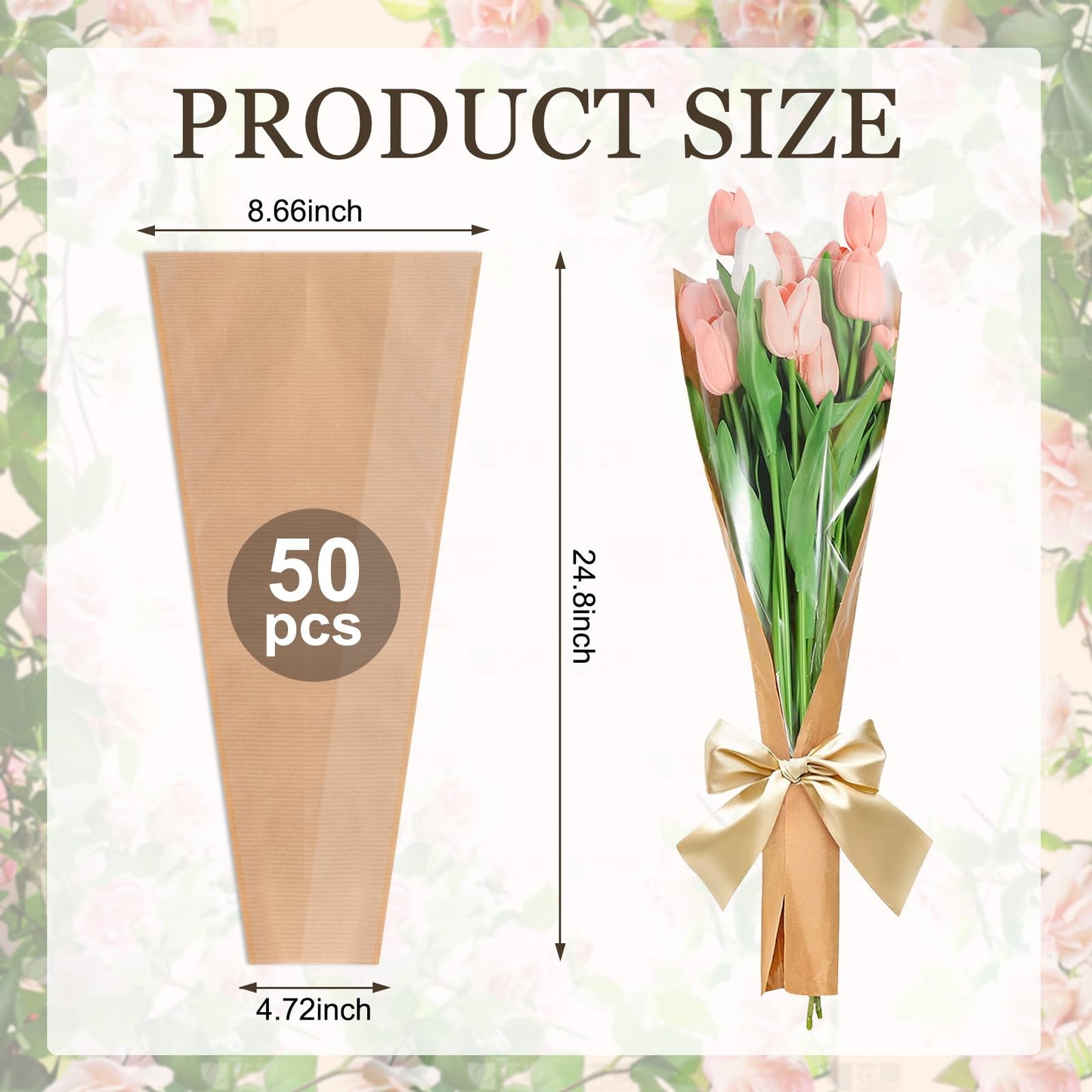 PIKBIU 50PCS Flower Bags for Bouquets Kraft Paper Flower Sleeves Wrapping Paper Clear Front Floral Bags Florist Wrap Supplies 24.8 x 8.7 Inches