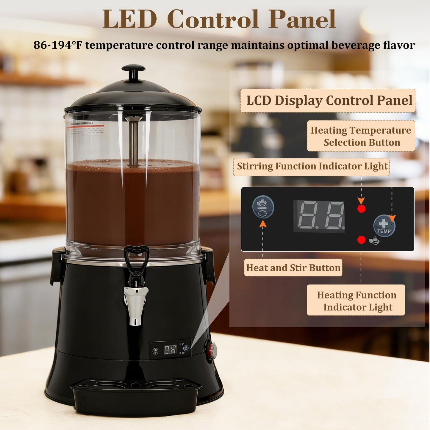 Anrain 10L/2.6Gal Commercial Hot Chocolate Machine, 80 Cup Hot Drink Dispenser with 86-194°F Adjustable Temperature, Hot Chocolate Machine Maker for Cocoa, Milk, Coffee, Juice