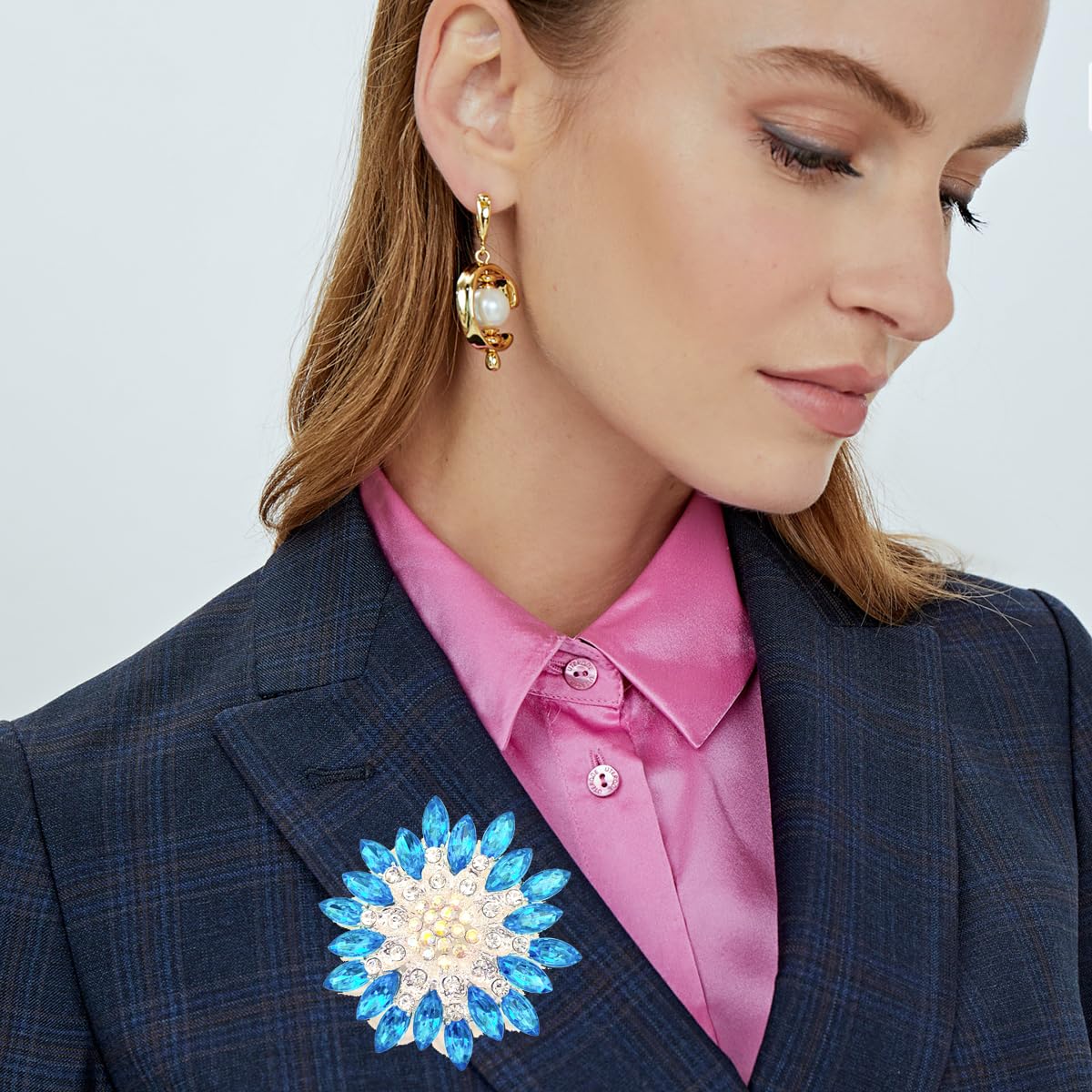 Rhinestone Sunflower Brooch Pin for Women Red Black Purple Large Flower Broochs Snowflake Brooch Marquise Wreath Brooches Jewelry (Blue1)