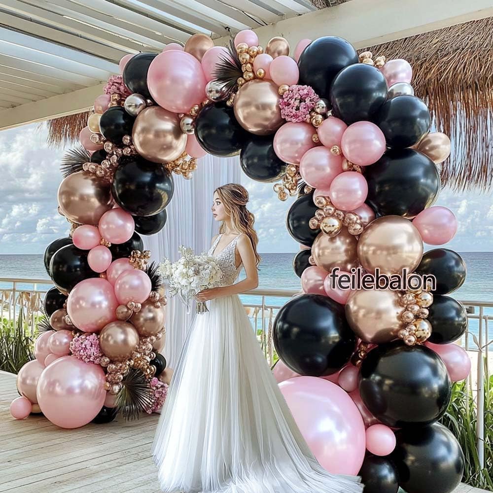 Pink Black Balloon Arch Kit - Double Stuffed Pastel Pearl Baby Pink Balloon Garland with Champagne Rose Gold Balloons for Birthday Bridal Baby Shower Wedding Graduation Party Decoration