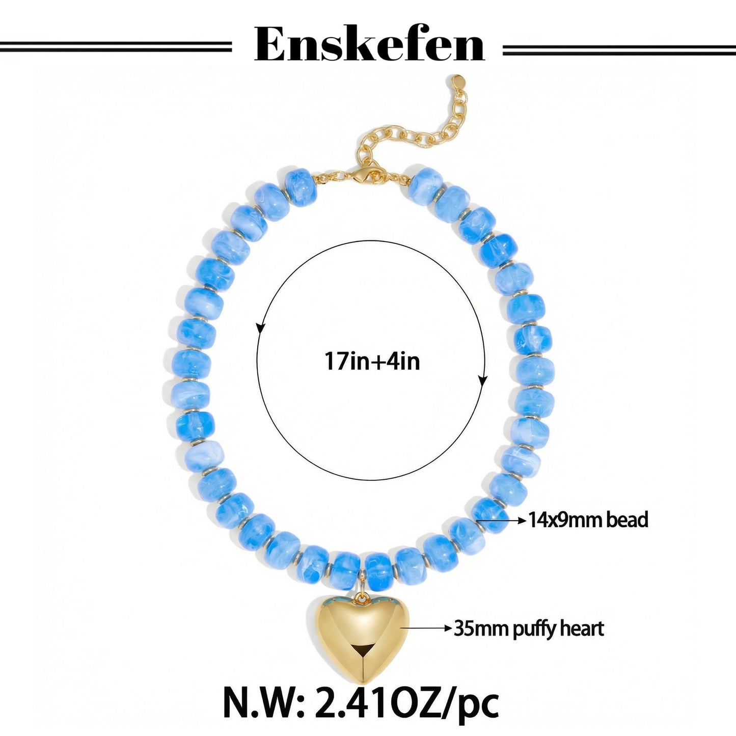 ENSKEFEN Chunky Gold Heart Pendant Necklaces for Women Bohemian Light Blue Resin Beaded Choker Necklace Trendy Chunky Statement Necklace Summer Beach Jewelry