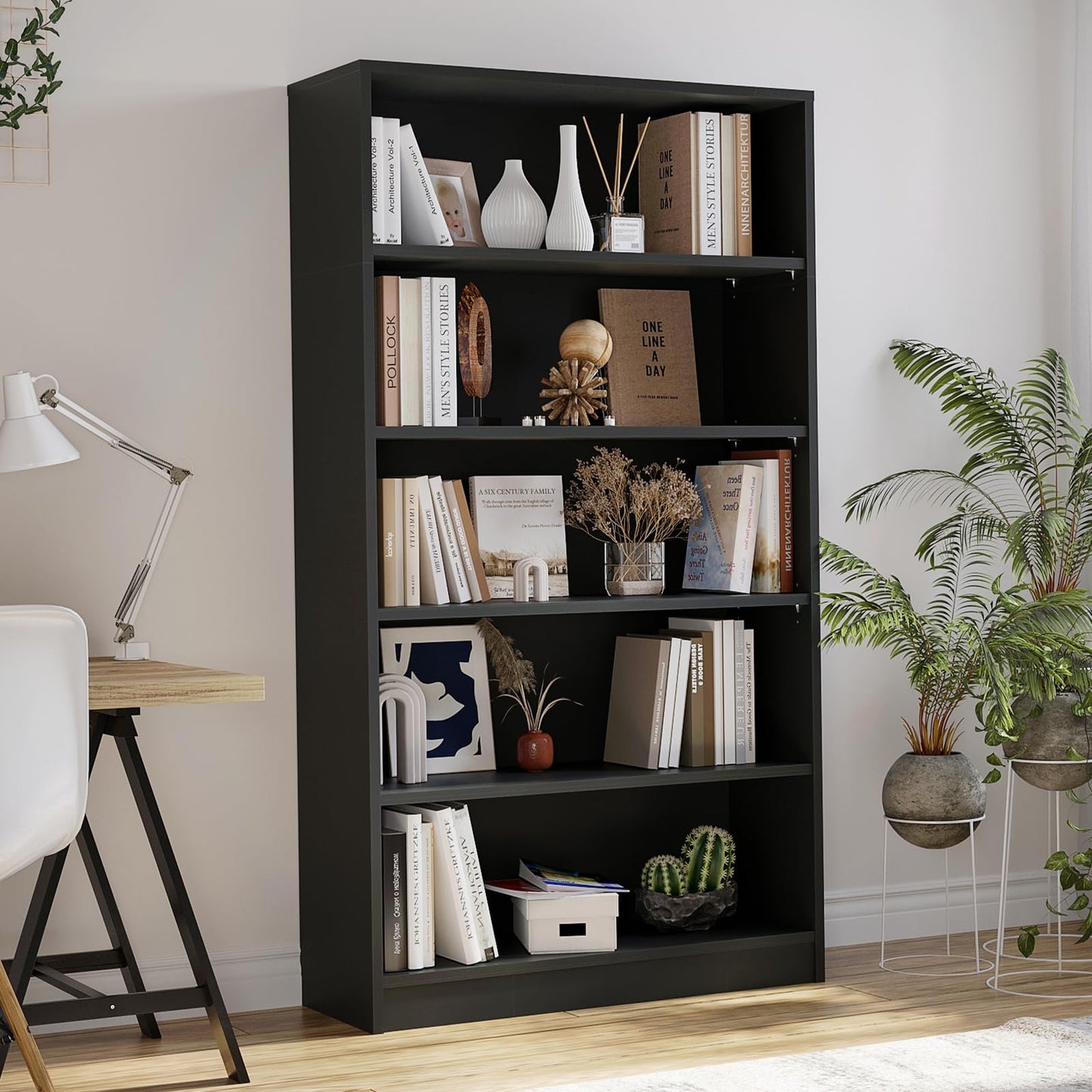 i-VTIES 5-Tier Bookshelf,60inch Tall Bookcase with Adjustable Shelves,Modern Display Book Shelf,Wood Storage Shelves for Bedroom, Office, Living Room & Library（Black）