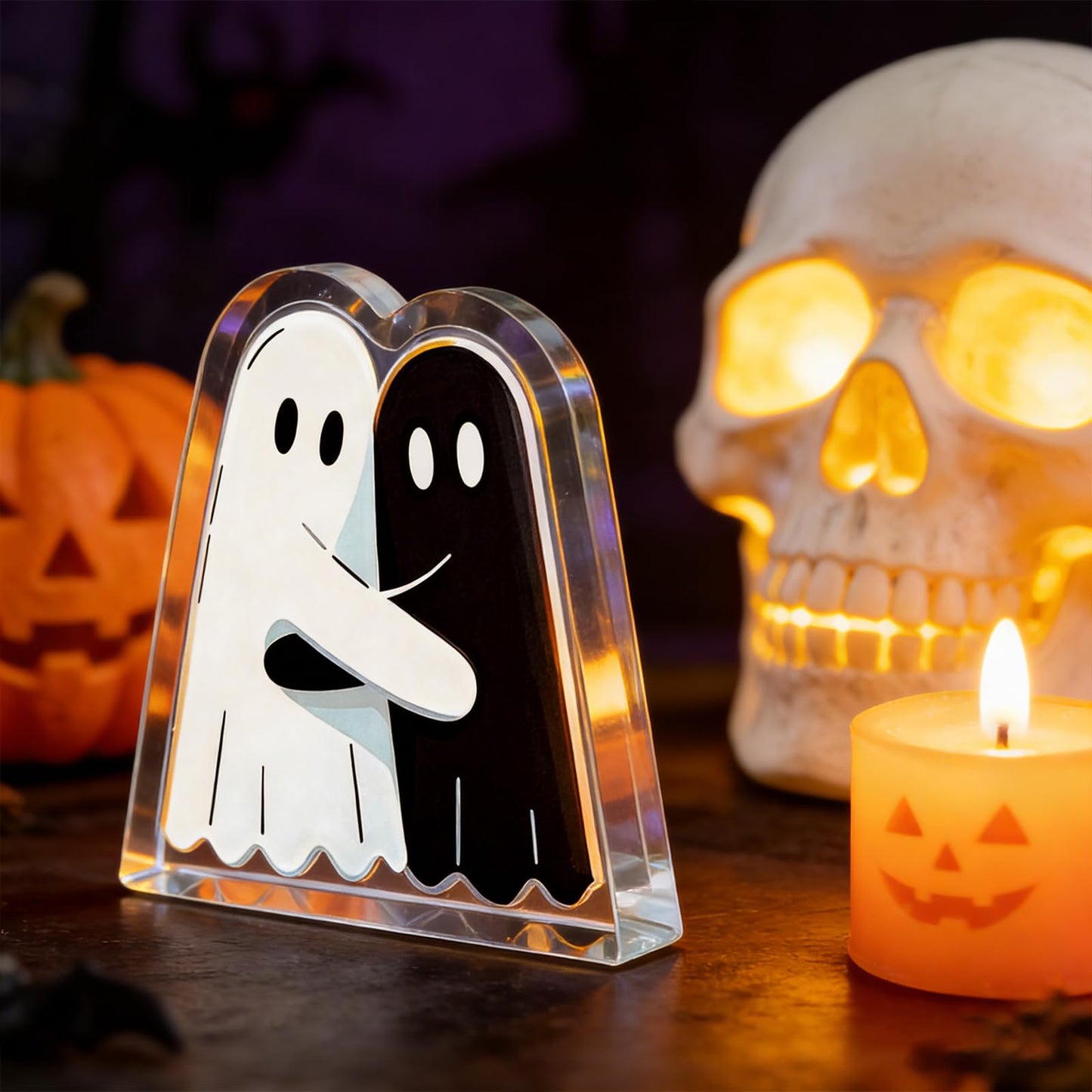 Hugging Ghost Decorative Sign Acrylic Cute Plaque Desk Decor Halloween Gifts For Women Kids Men Adult Friends Coworker Birthday Christmas Gifts Black White Design Goth Accessories
