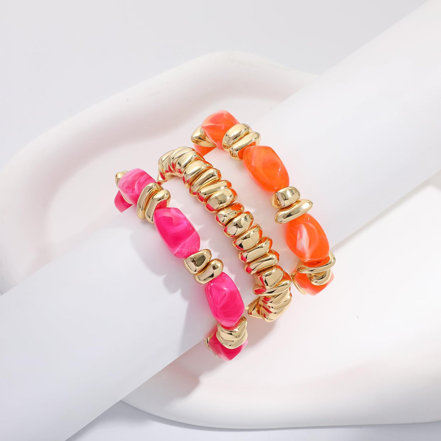 Sajidos Gold Plated Beaded Bracelets for Women Trendy, 14K Gold Plated Stack Cross Pearl Gold Plated Bead Stretch Bracelets Set Elastic Hypoallergenic Bracelets Jewelry Gifts (style13-orangepeachred)