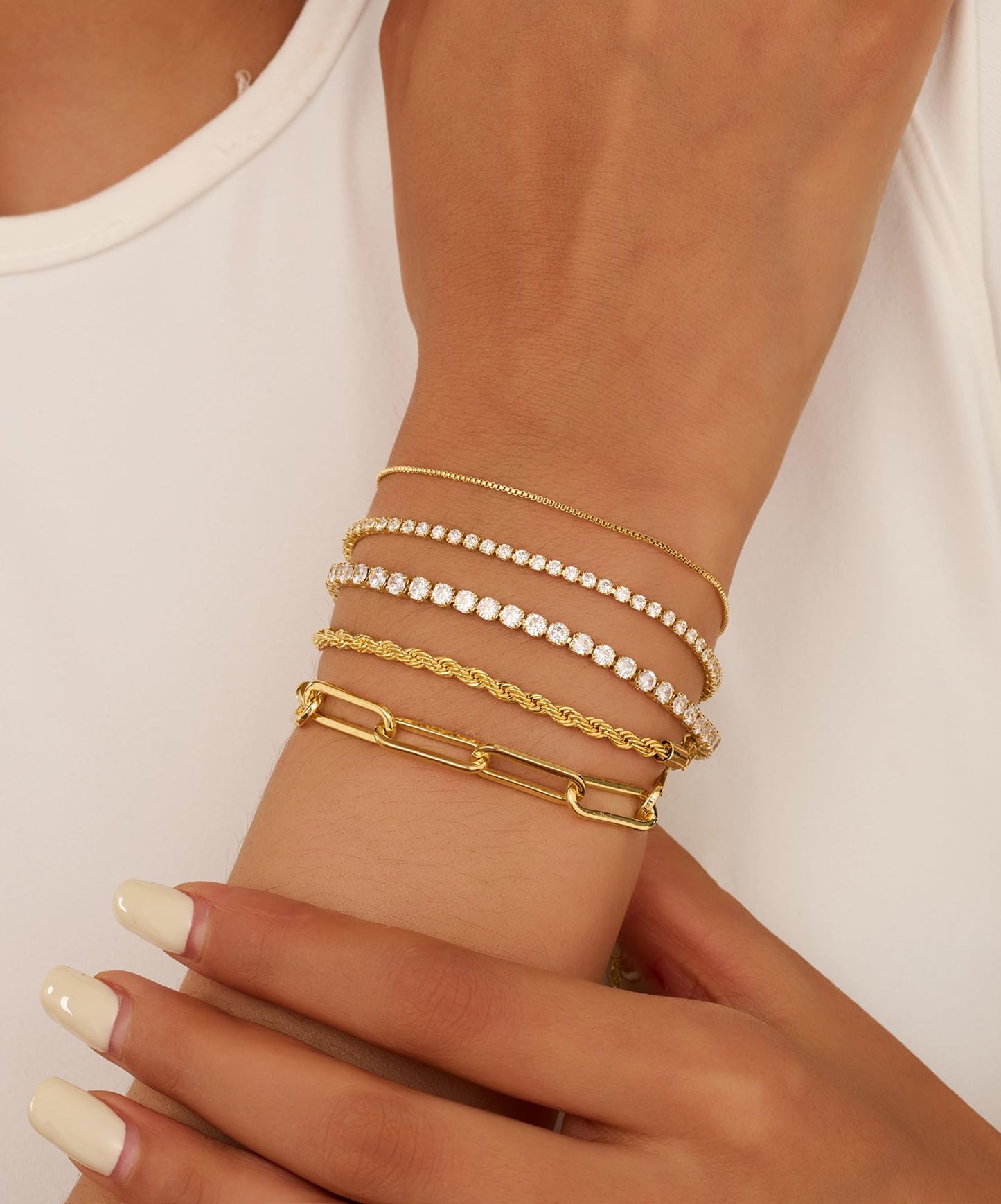 Gold Bracelets for Women 14K Gold Plated Stack Trend Bracelets Charm Paperclip Chain Cuban Link Layered Waterproof Bracelet Dainty Bracelet for Women Jewelry Gifts (Gold 5Pcs)
