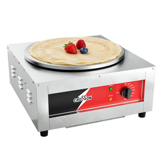 CROSSON Commercial Electric Crepe Maker, 16-Inch Large Cooking Plate 1800W ETL Certified, Stainless Steel Pancake Griddle with Accessories Storage & Metal Spatula/Spreader