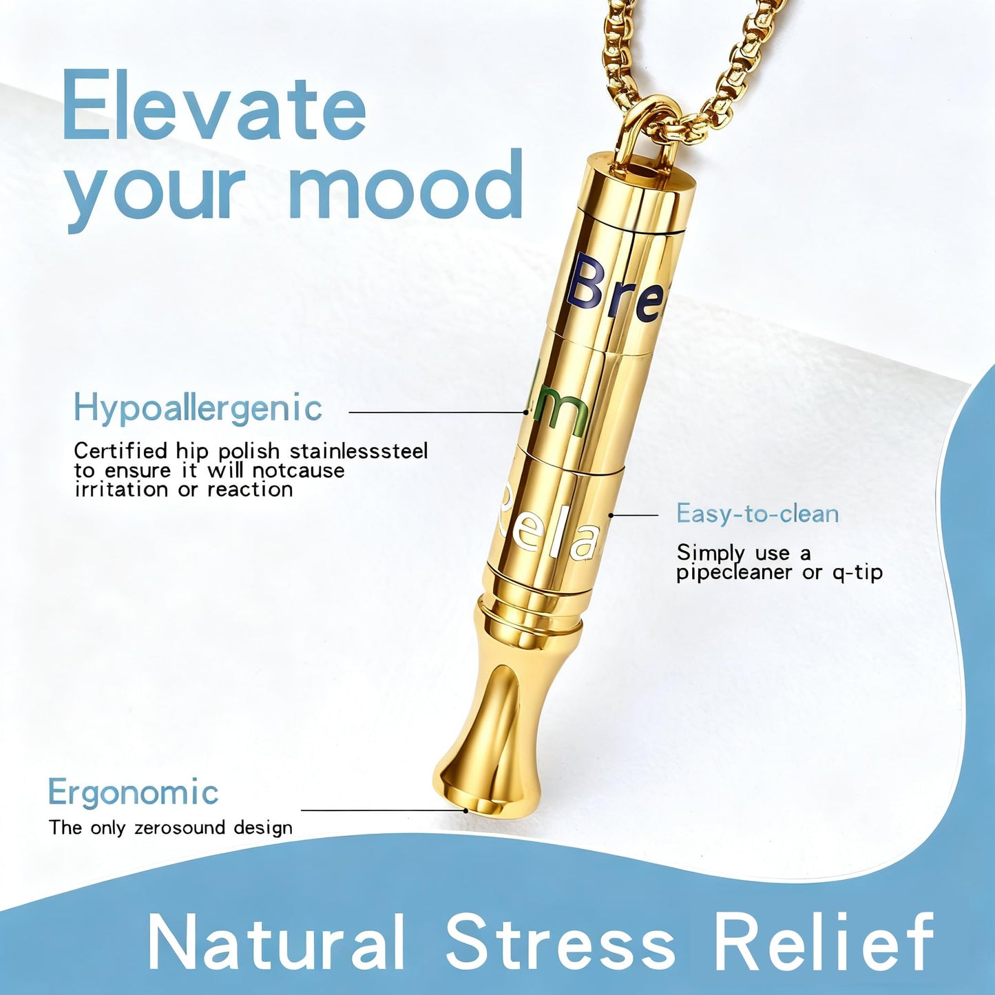Fidget Necklace with Spinning Calm, Breathe, Relax Charms - Sensory Anxiety Relief & Deep Breathing Aid Stainless Steel Necklaces for Women Men (Gold)