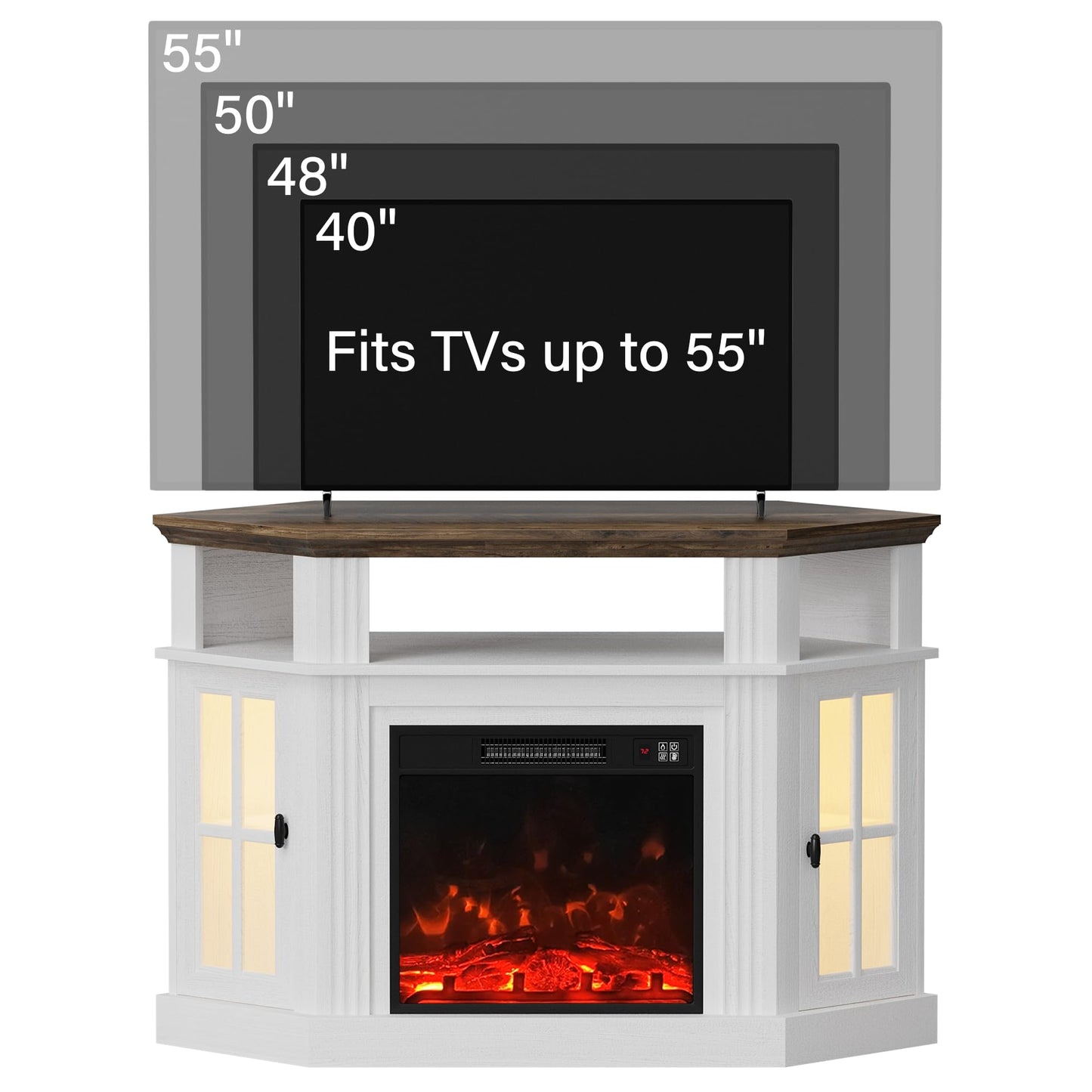 YESHOMY LED Corner Fireplace TV Stand with Mood Lighting, for TVs up to 55" with Storage Cabinets, Entertainment Center, Media Console for Living Room, Bedroom, White