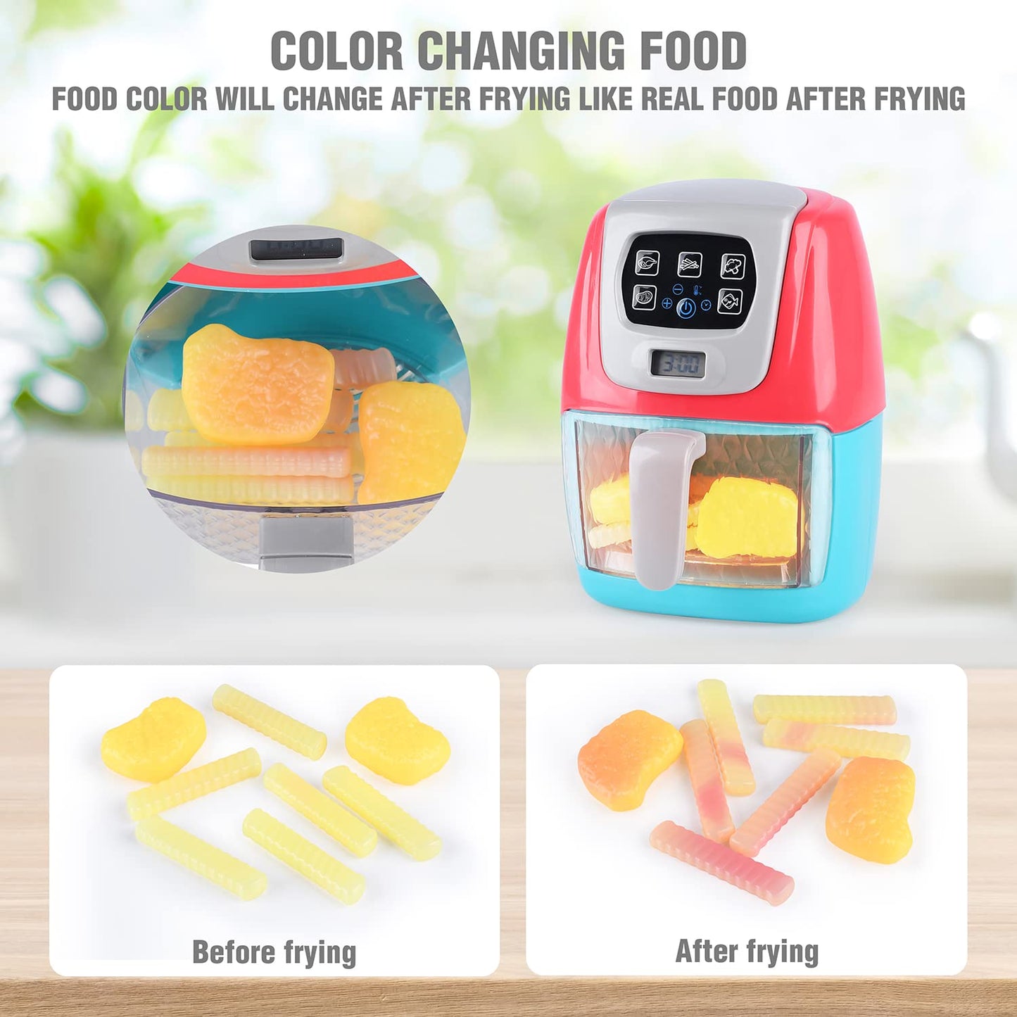 Toy Air Fryer for Kids, Kids Play Kitchen Playset Accessories, Chefs Pretend Kitchen Appliance Toys Oven w/Light, Sound, Play Food Grill Cooking Utensils for Boys Girls Toddlers 2+
