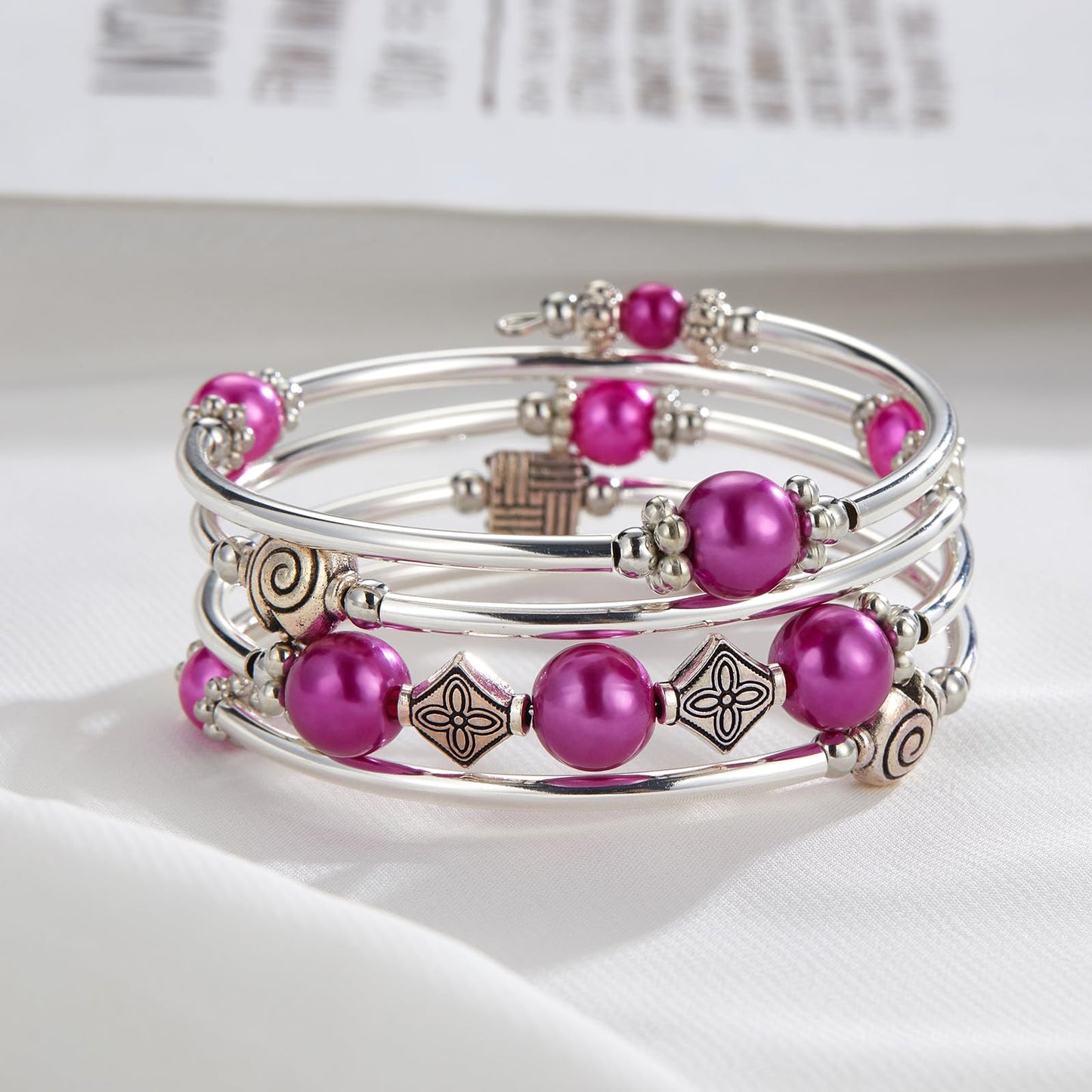 Beaded Pearl Bangle Wrap Bracelet - Fashion Bohemian Jewelry Multilayer Charm Bracelet with Thick Silver Metal Beads, Gift For Women(Fuchsia)