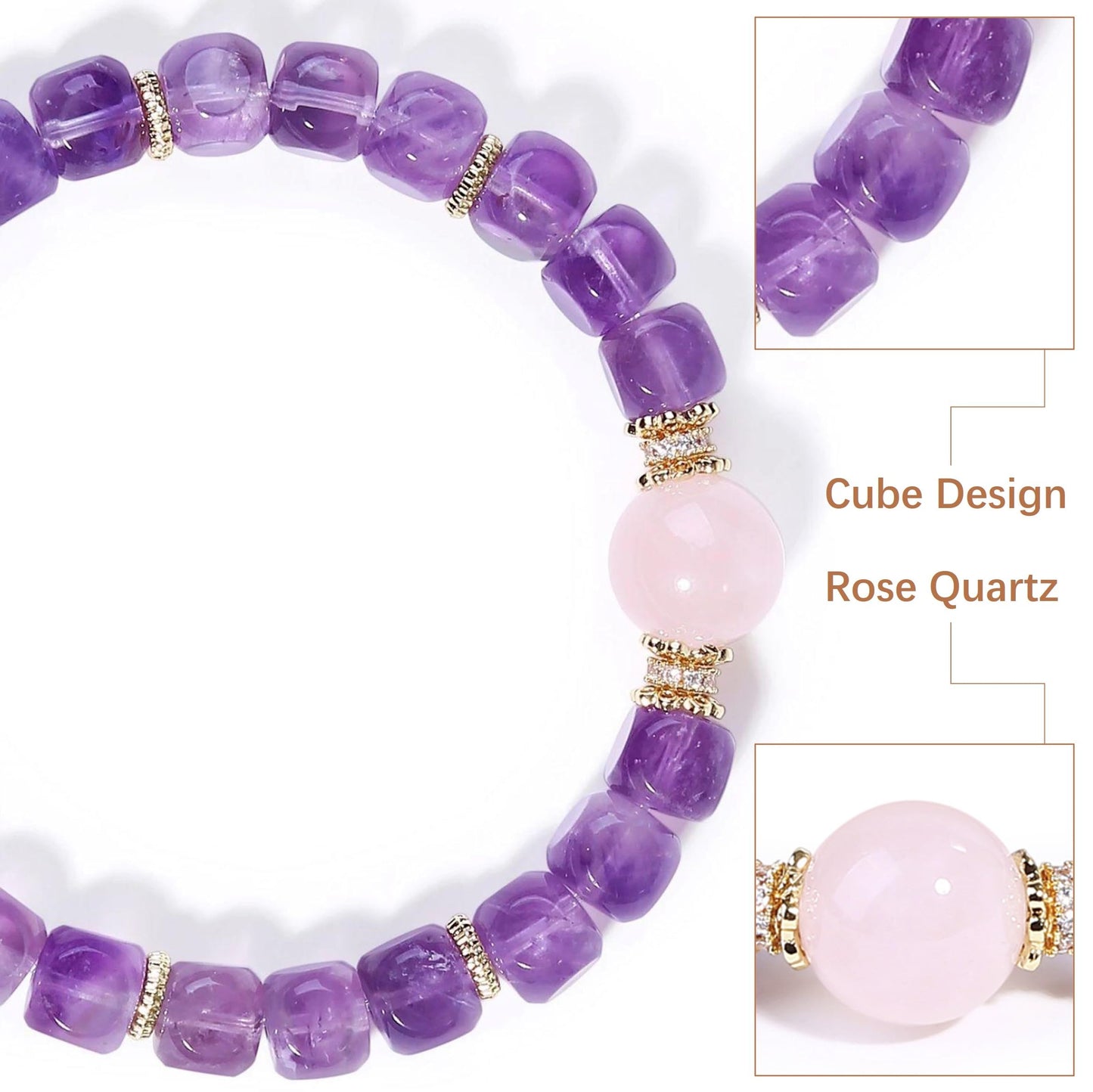 Magiriam Natural Amethyst Faceted Square Sugar Shape with Rose Quartz Bracelet Healing & Anxiety Crystal Bracelet - Gift for Women Lady and Friend