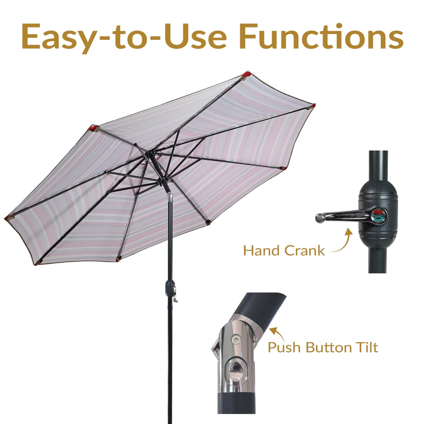 Sunnydaze Outdoor Patio Umbrella - Polyester Table Market Umbrella with Push-Button Tilt and Crank - 8 Sturdy Ribs - Awning Stripe - 9ft
