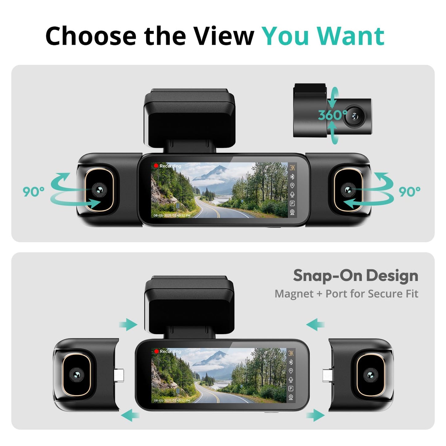 BOTSLAB 3K 4 Channel Dash Cam, 560° All-Sides View, Front and Rear Inside Car Camera with 3.18”Touch Screen, Dash Camera 24/7 Parking Mode, Built-in GPS 5.8GHz WiFi Voice Control, Free 128GB Card