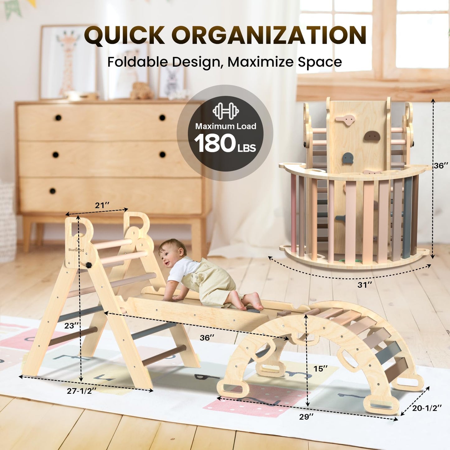 BlueWood Pikler Triangle Set 7in1 Foldable Baby Climbing Toys Wooden Montessori Climbing Set with Arch&Ramp&Ladder Baby Climber Indoor Jungle Gyms for Toddlers Montessori Toys - Mauve Pink