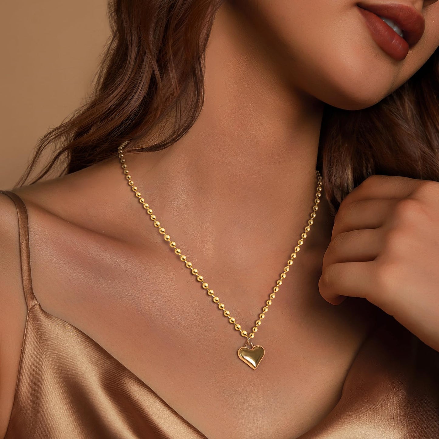 Zeffy Gold Heart Pendant Necklace Chunky Beaded Ball Chain Necklace Trendy Jewelry Dainty y2k Necklaces Gifts