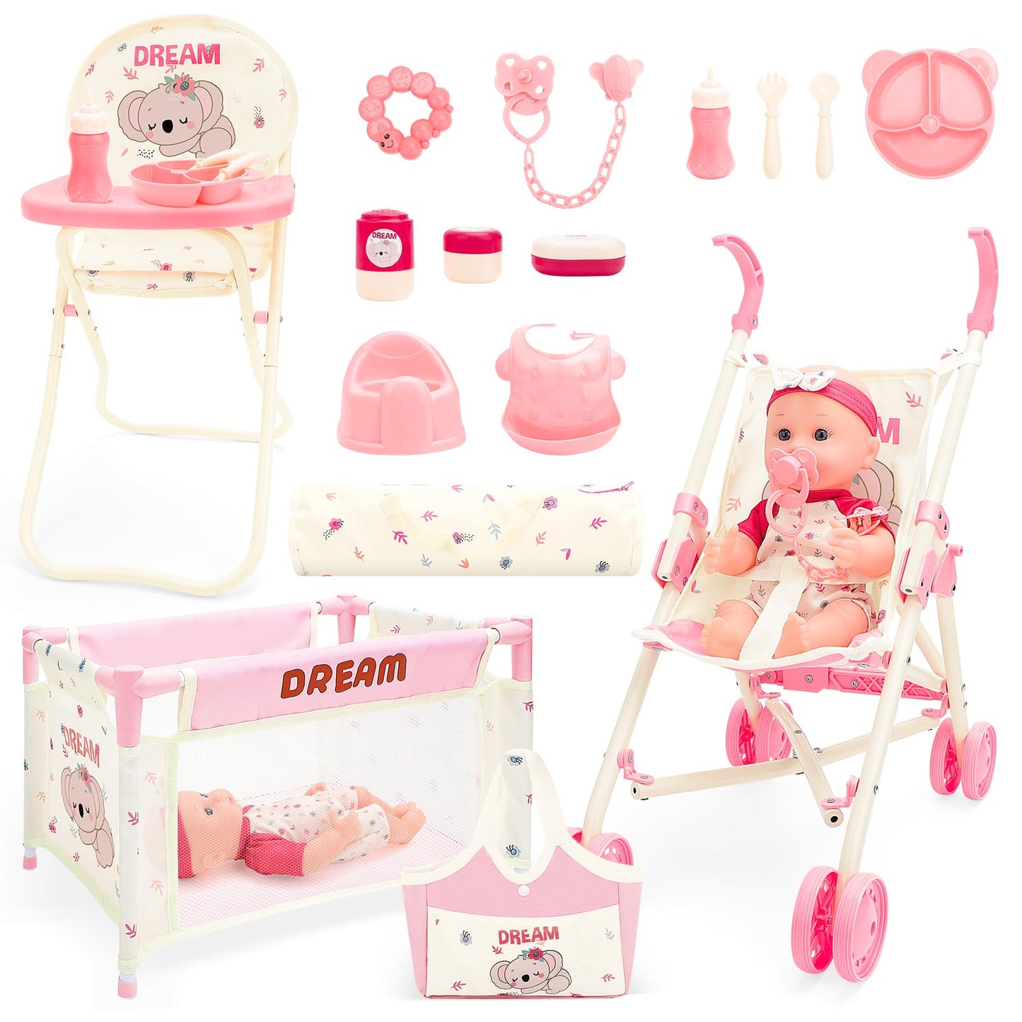 deAO Baby Doll Stroller Toys with 12" Baby Doll Accessories Crib Bed High Chair Nursery Role Play Set Play Mat,Travel Cot,Bouncer,Foldable Stroller,Travel Bag, Birthday Gifts for Toddlers Girls Boys