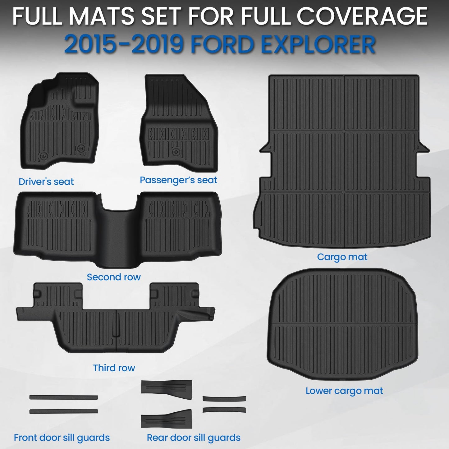 JOULARISE Floor Mats Cargo Mat Set for 2015-2019 Ford Explorer 7 Seats, All Weather TPE Cargo Liner Trunk Lower Mat Door Sill Guards Accessories (15-19 | 7 Seats Floor Mats Set)