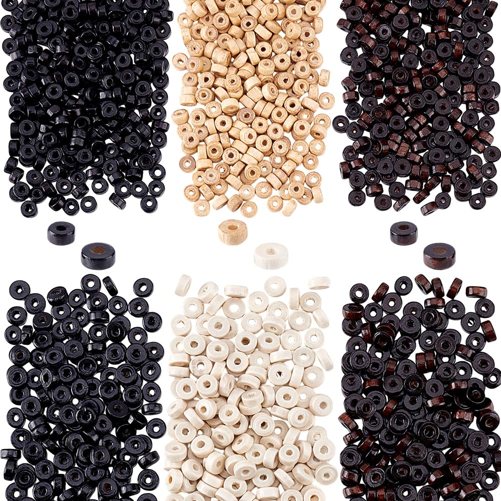 PH PandaHall 2400pcs Flat Round Wood Beads 3 Colors Wood Coin Beads Yellow/Brown/Black Wooden Loose Spacer Bead Unfinished Disc for Jewelry Necklace Bracelet Craft Making Home Macrame, 8mm/6mm