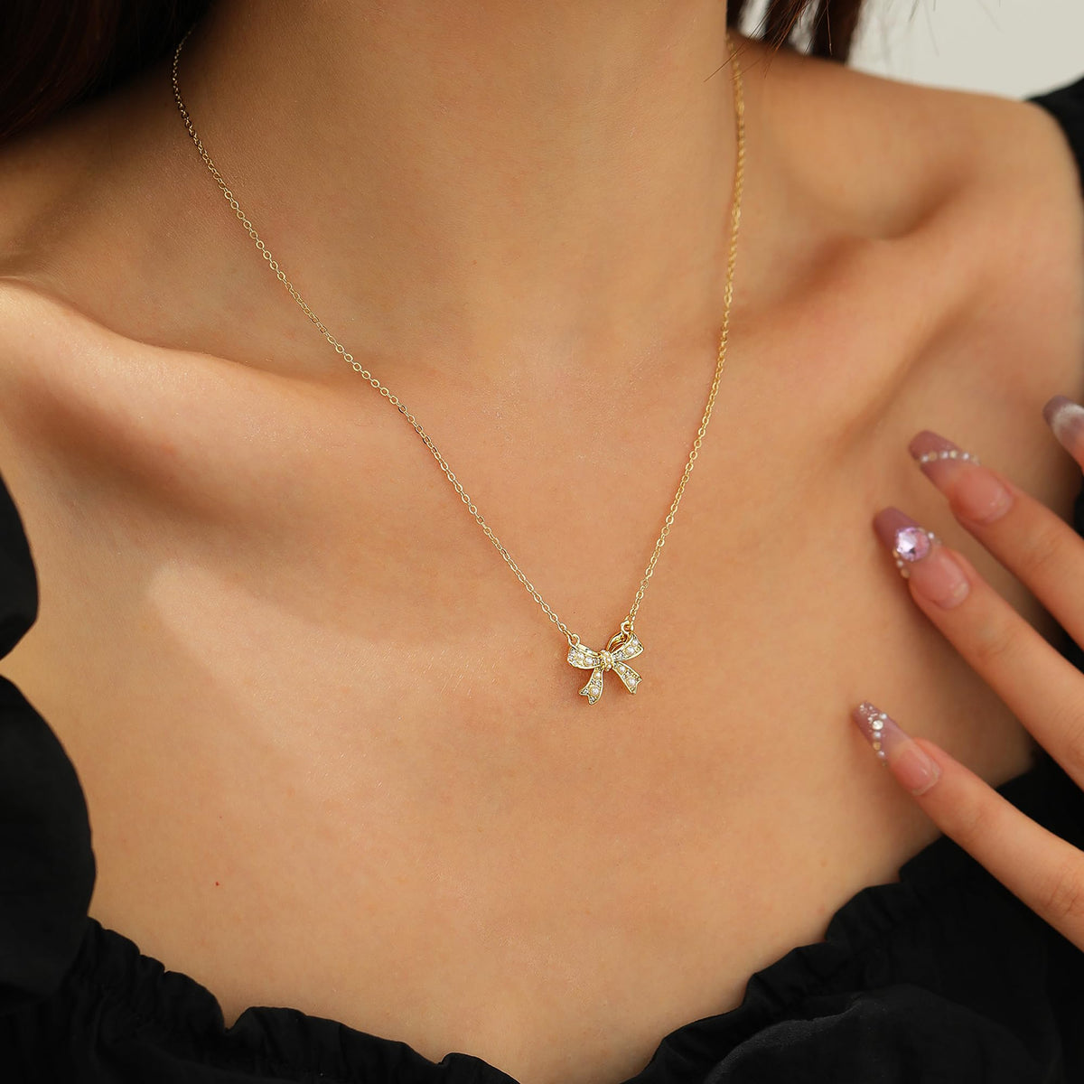 ANDKISS Bows Pendant Necklaces for Women - Dainty Necklace 14k Gold Plated Necklace Simple Gold Charm Jewelry For Women (Bow-1)