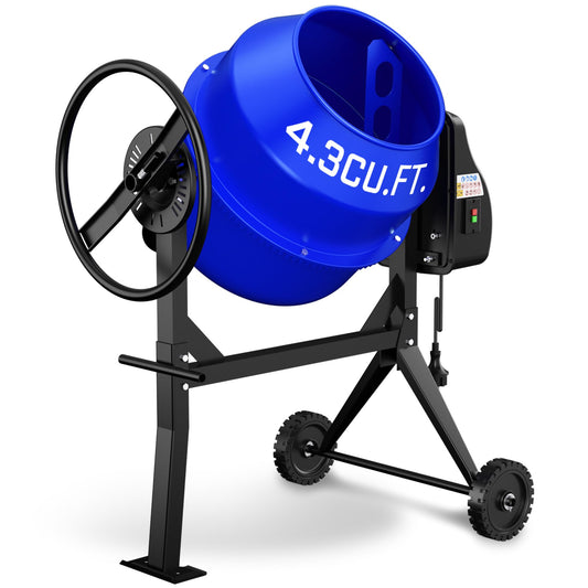 BSMTEK 4.3 Cubic Ft Electric Concrete Mixer, 3/5HP, 450W Portable Concrete Mixer Machine with Stand And Wheels for Stucco, Mortar, Seeds (Blue)