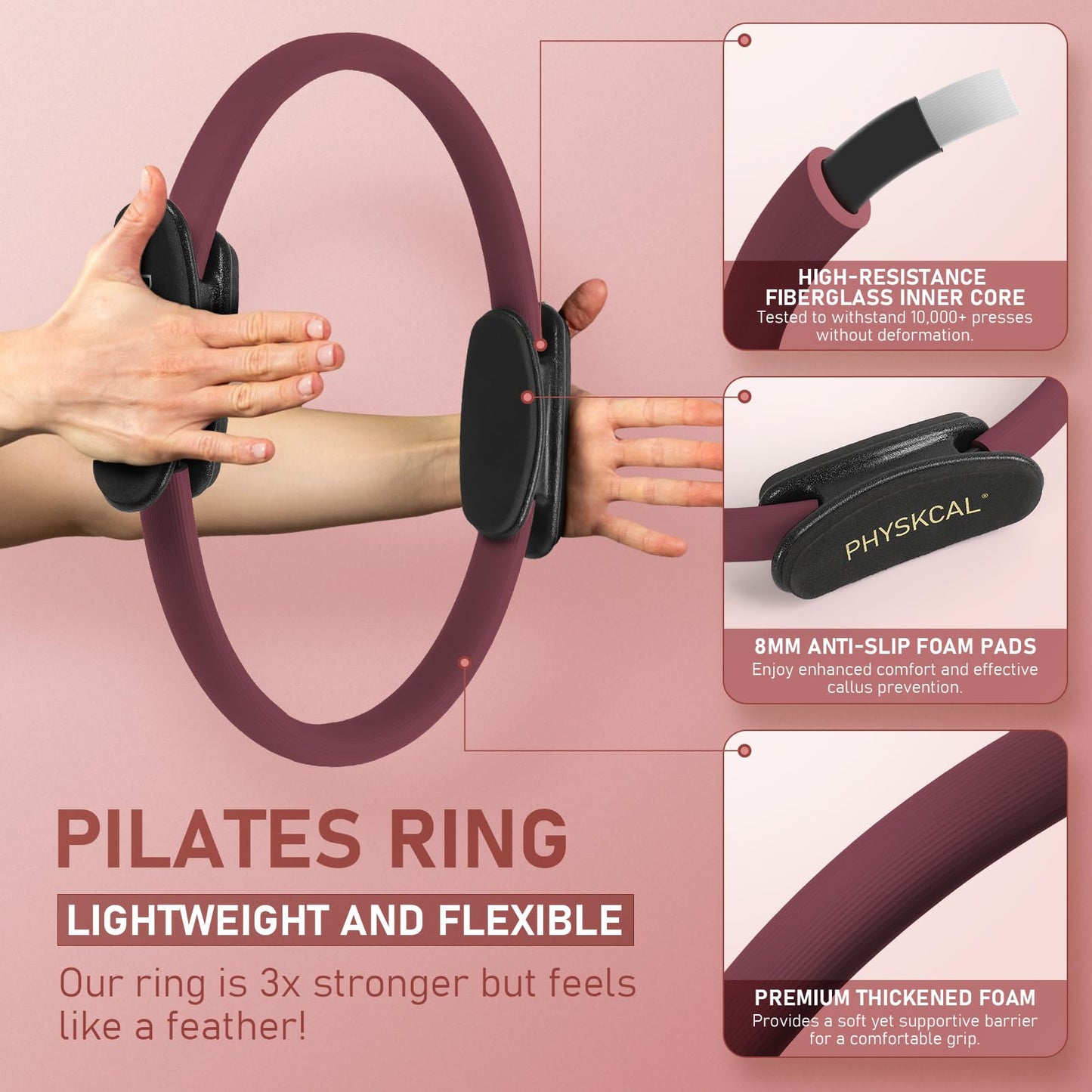 PhysKcal Pilates Ring Set, 15-Inch Pilates Circle with 1x Core Ball, 3X Resistant Loop and 2X Flex Band, Home Pilates on Mat Essential Kit (Plum)