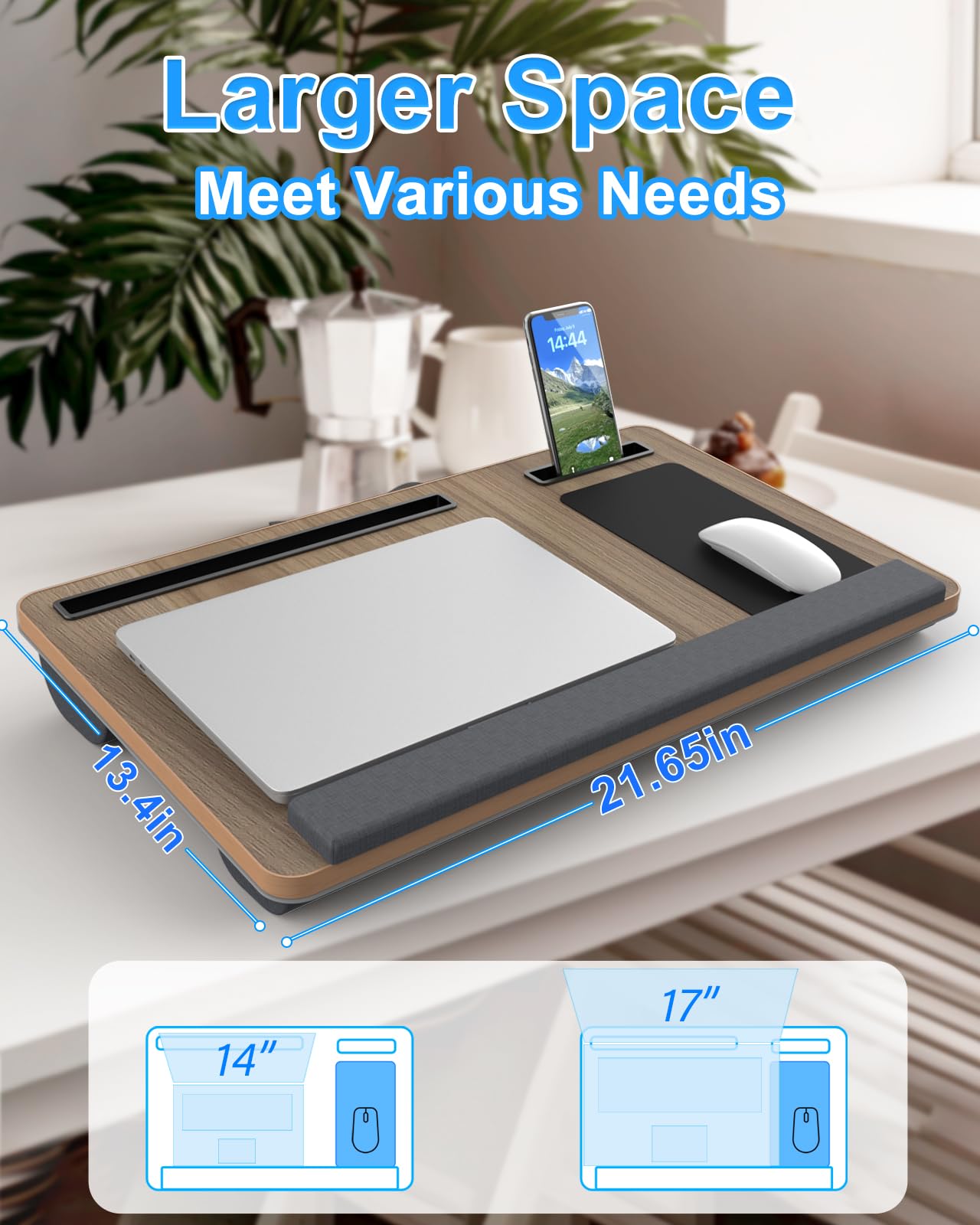 Laptop Lap Desk, Portable Large Laptop Desk for Bed, Up to 17 in Lap Table with Wrist Rest, Mouse Pad, Tablet Phone Slot, Portable Handle, Cushion (Dark Brown Woodgrain)
