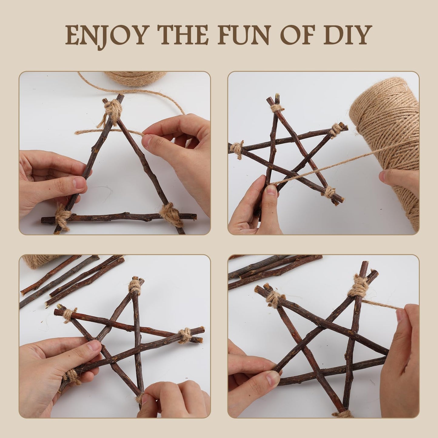 Suncalla 251 Pack Wooden Log Sticks for Crafts Kit 6 Inch and 4 Inch Natural Twigs Stick 0.8cm in Diameter Wood Log 164 Feet Jute Twine for DIY Rustic Home Decor School Projects Crafting Filler