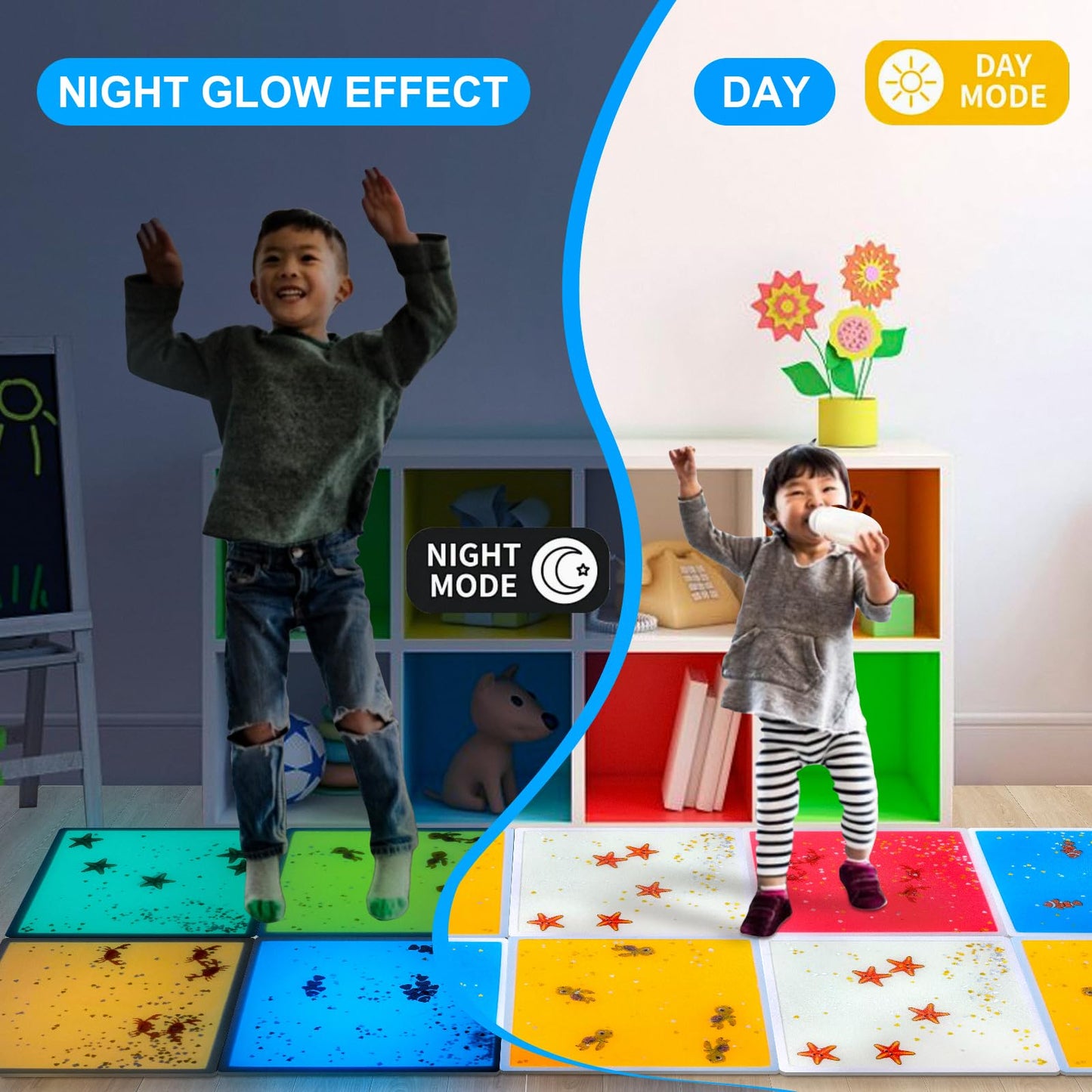 Onyoloy Kids Sensory Liquid Tiles: 11.8" X 11.8", Set of 4 Square Liquid Fusion Activity Playmats with Different Glow-in-The-Dark Colors for Baby, Toddler and Kids Gym, Nursery, Playroom.