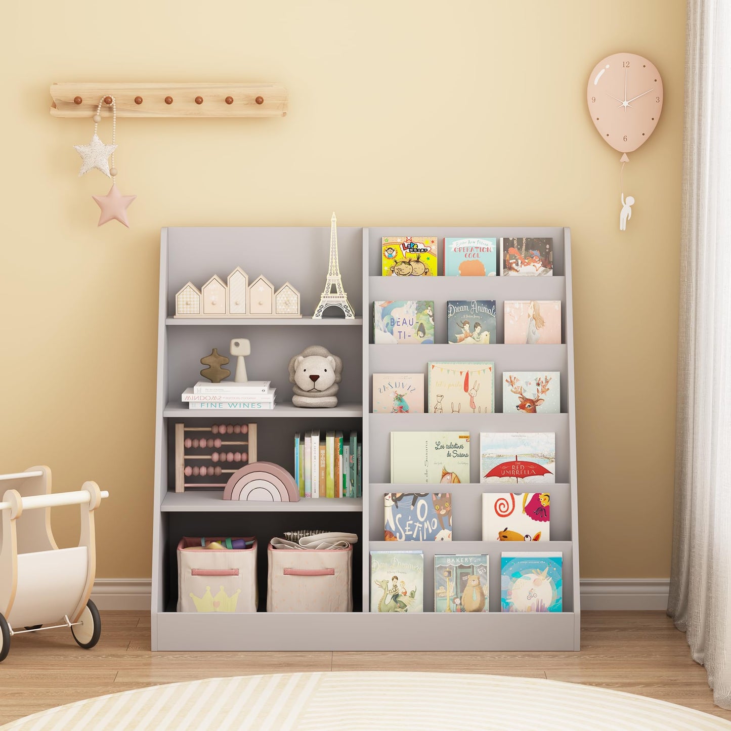 Ball & Cast Kids Bookshelf and Toy Storage,Toy Organizer W/ 4 Tier Kids Book Shelf,Toddler Montessori Bookshelf W/ 6 Layer Sling Children Bookcase,Wooden Display BookRack for Nursery Playroom,Gray