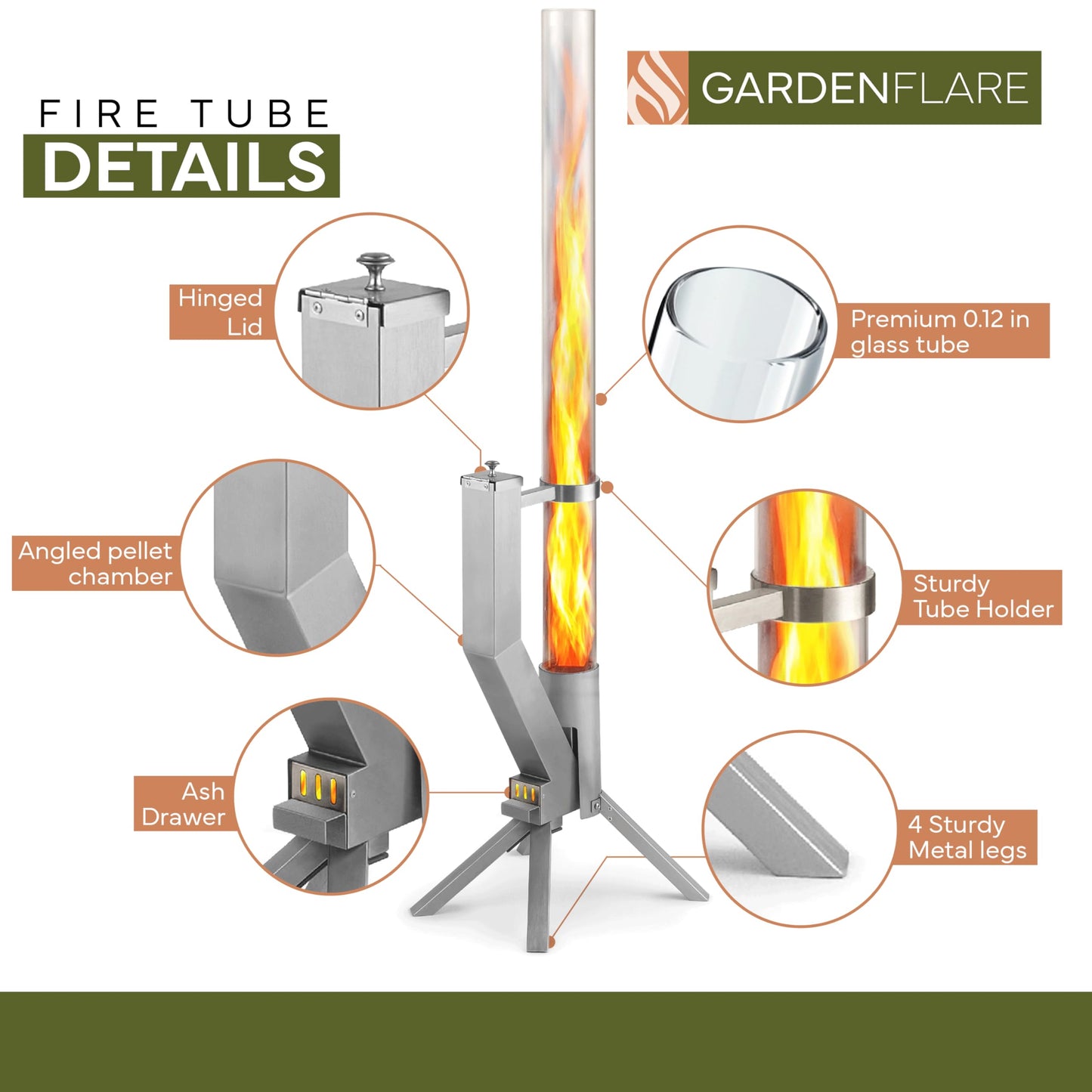 Gardenflare GARDENFLARE Stainless Steel Pellet Stove & Smokeless Firepit, Wood Pellet Patio Heater for Ambiance - Fire Pit for Patio, Fire Tube, Outside Backyard Bonfire & Outdoor Fireplace