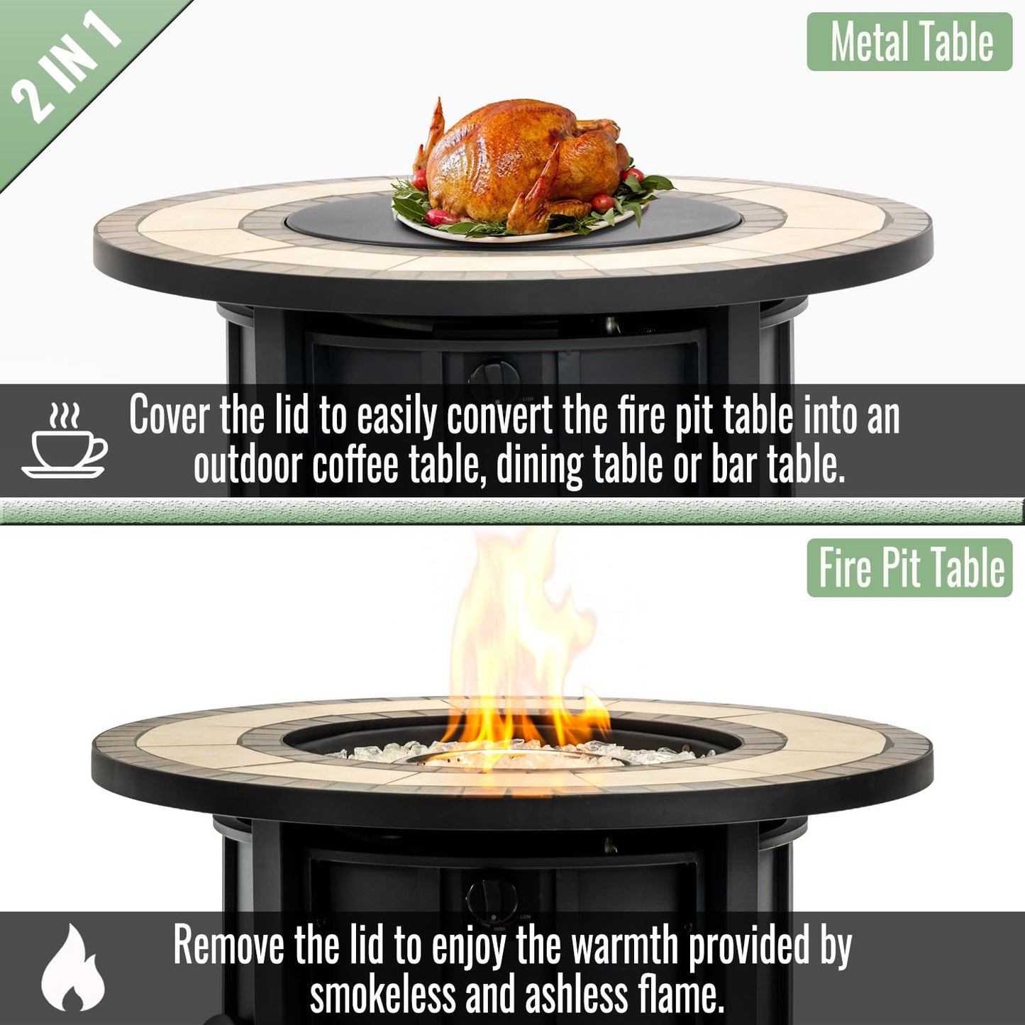 KEIKI 30 Inch Mosaic Ceramic Propane Fire Pit Table, Round Outdoor Gas Fireplace, Steel Patio Heater for Garden Deck