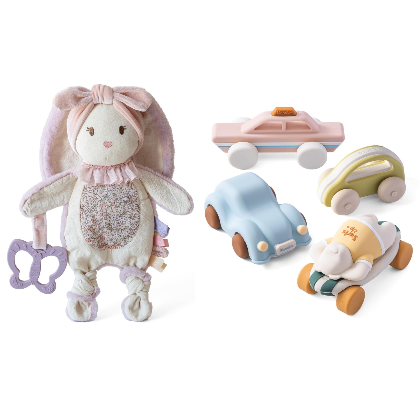 Moonkie Baby Lovey & Silicone Toy Cars Bundle, Bunny Security Blanket with Removable Silicone Teether, Crinkle & Rattle Sensory Toy, 5 Pack Soft Silicone Push and Go Cars for Babies and Toddlers, Baby