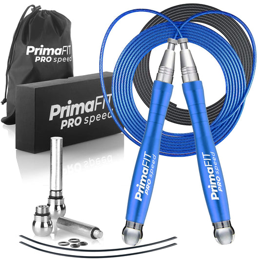 PrimaFIT Jump Rope Pro Speed Skipping Rope Adjustable Adult Jumping Rope Weighted Aluminium Handles for Double Dutch Boxing Workout Crossfit Exercise Fitness Spare Cable Weights Protectors Carry Bag