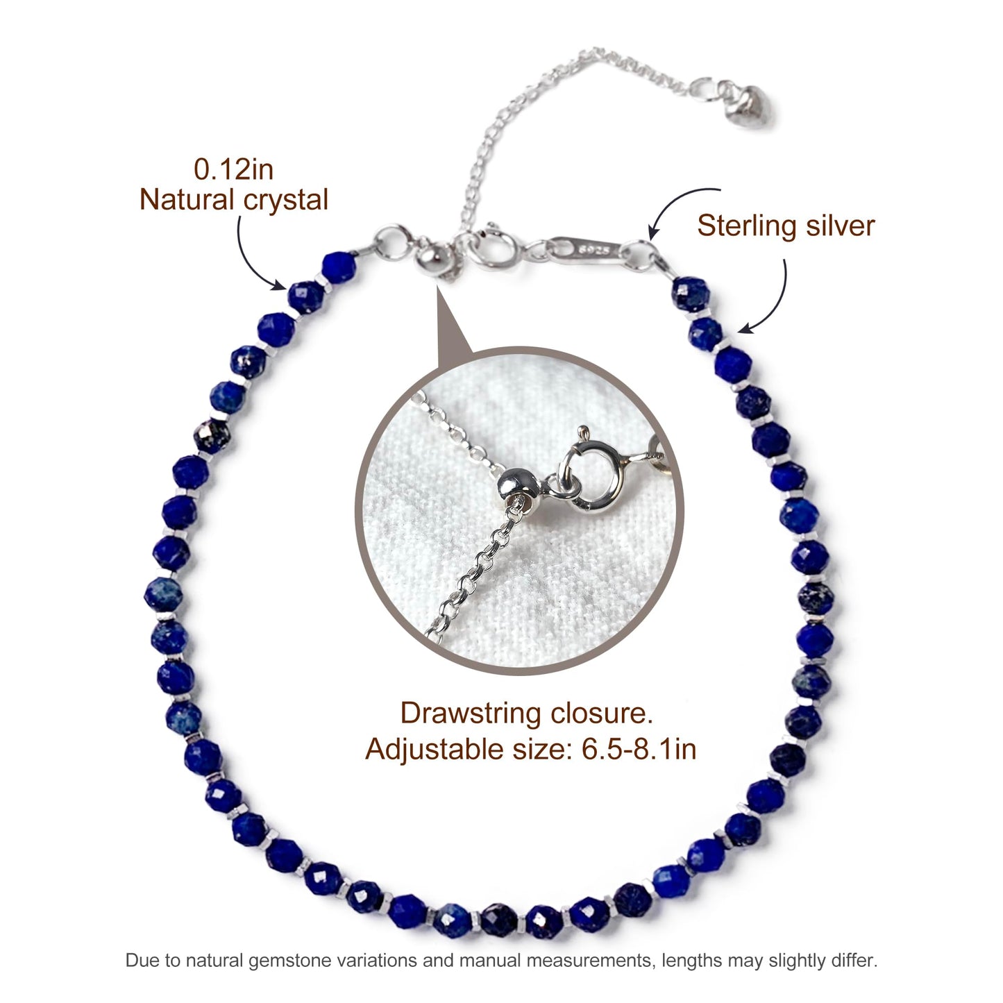 TAGREVO Natural Lapis Lazuli Crystal Silver Bracelet, 0.12" Faceted Stone Beads Adjustable Jewelry for Women, Handmade Crown Chakra Design for Meditation & Spiritual Gifts