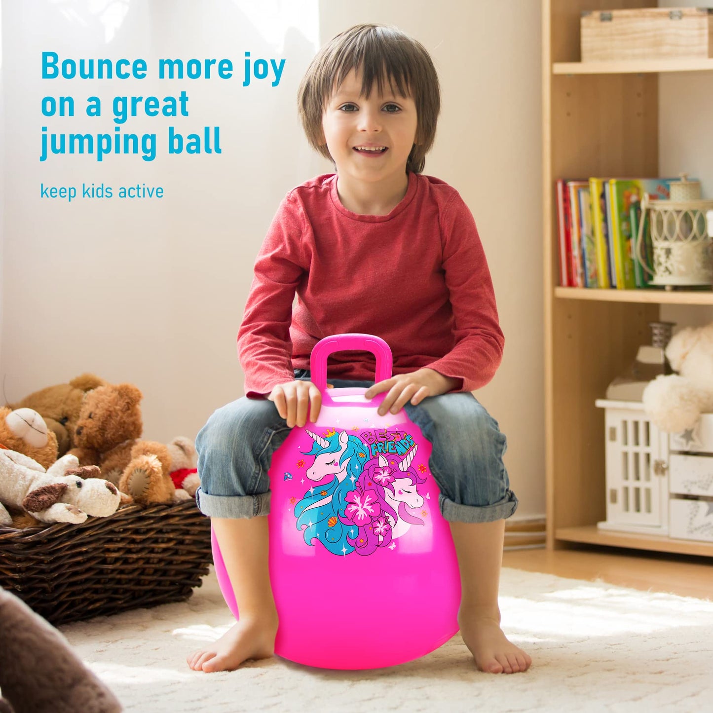 U&C Planet Hopper Ball 20 inches Bouncy Ball with Handle for Kids Age 5 6 7 8 9, Sit on Bounce Jumping Hopping Toy with Pump, Great Toddler Girls Toys for Birthday Gifts, Pink Unicorn