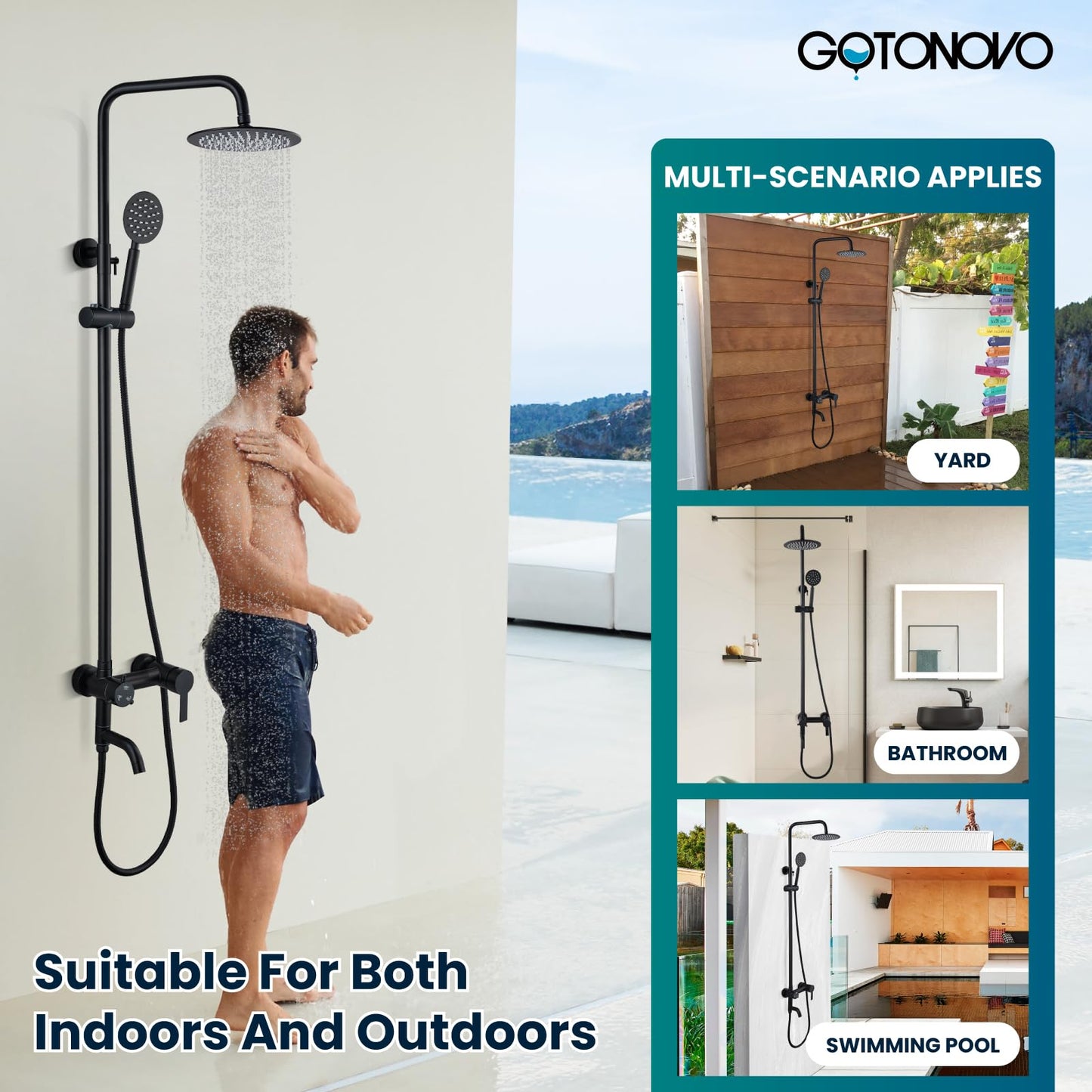 gotonovo Outside Shower Fixture Wall Mount Matte Black SUS 304 Stainless Steel Triple Function with Hand Sprayer and Tub Spout 8 Inch Rainfall Shower Head Shower faucet Set Bathroom Complete Set