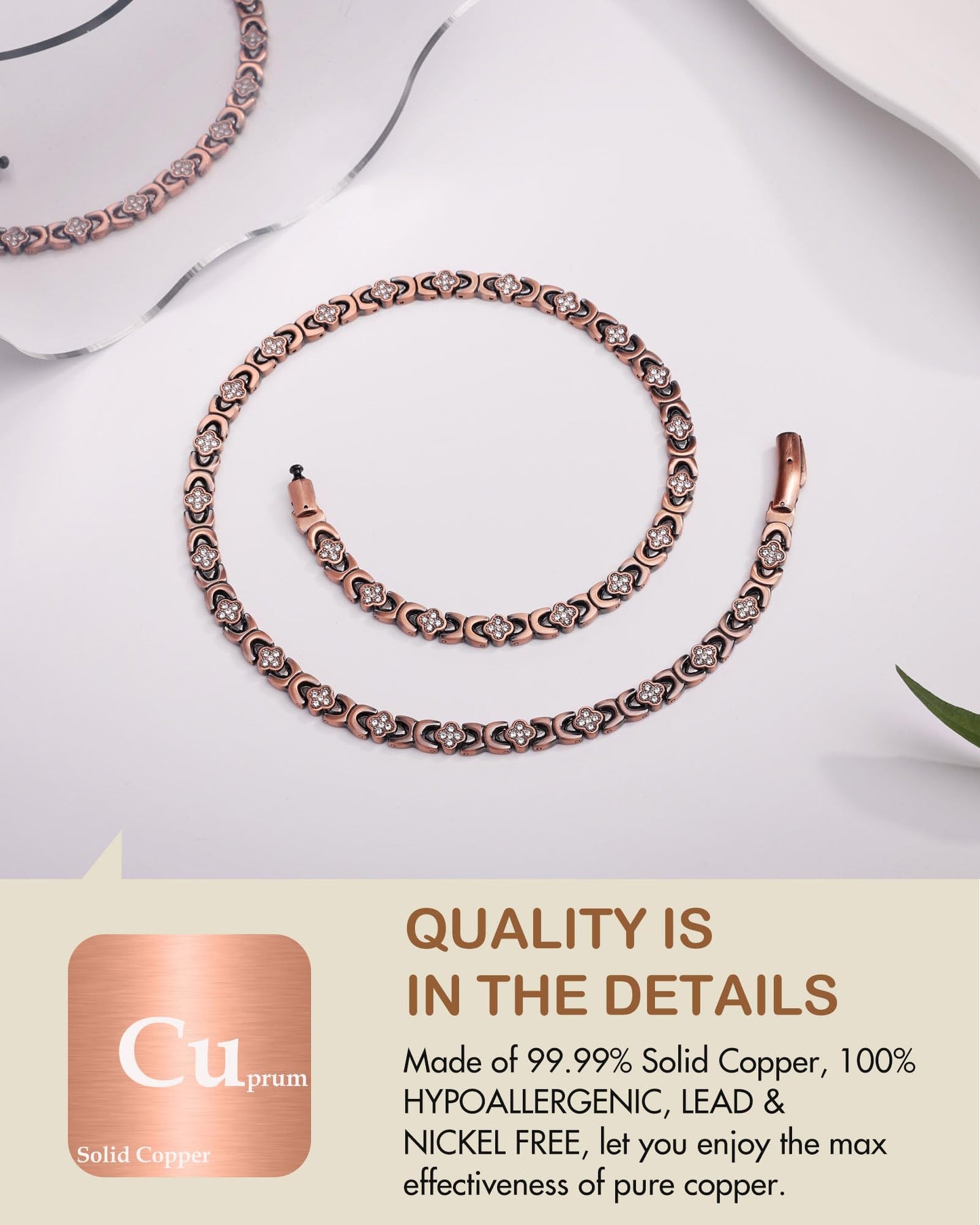 Feraco Copper Necklace & Bracelet for Women, 99.99% Pure Copper Magnetic Chains with 3500 Gauss Ultra Strength Neodymium Magnets & Sparkling Cubic Zirconia, Adjustable CloverJewelry Gift