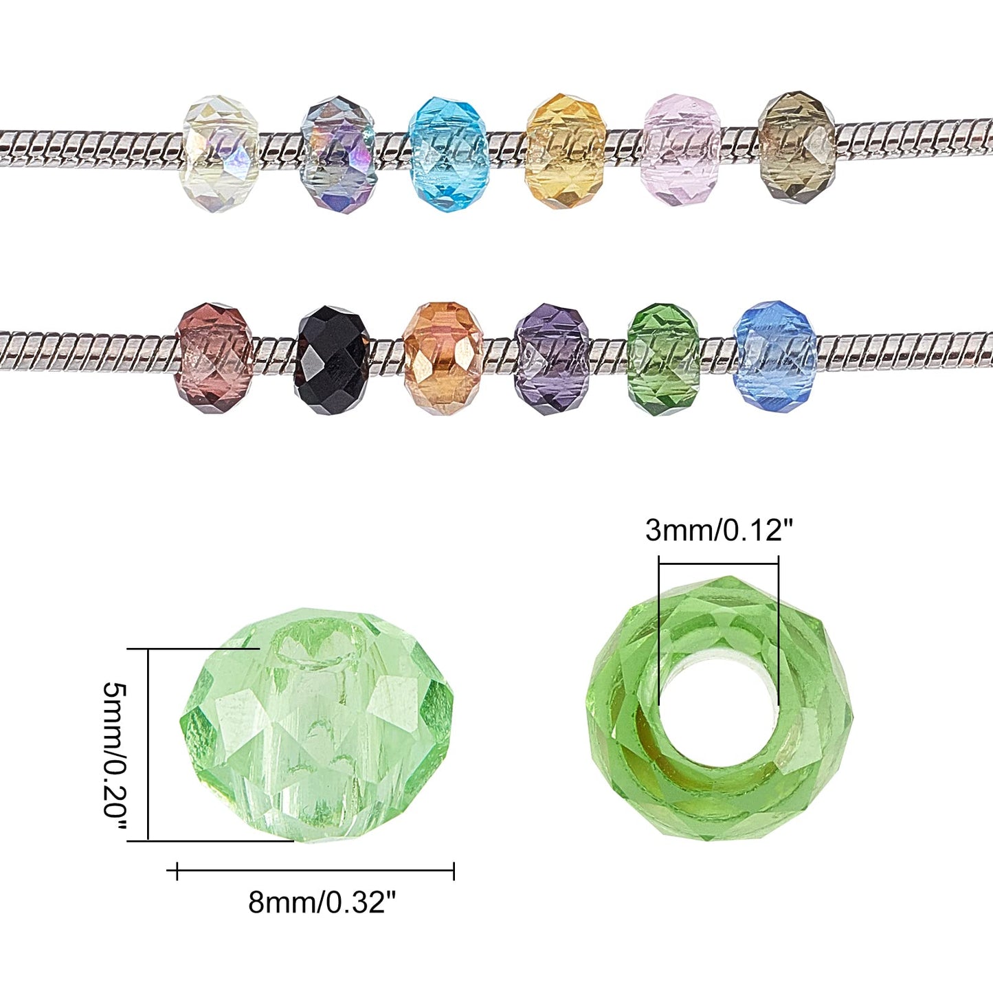 PH PandaHall 100pcs Crystal Glass Beads 8x5mm Faceted Large Hole Beads European Rondelle Spacer Bead for DIY Snake Chain Charm Bracelet Necklace Earring Jewelry Making, Hole: 3mm, Mixed Color