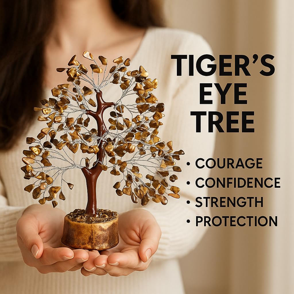 Crystal Tree of Life - tiger eye silver Healing Crystal for Home & Office Decor | Handmade Gemstone Money Tree for Positive Energy, Good Luck & Wealth | Spiritual Birthday Gift for Women & Mom