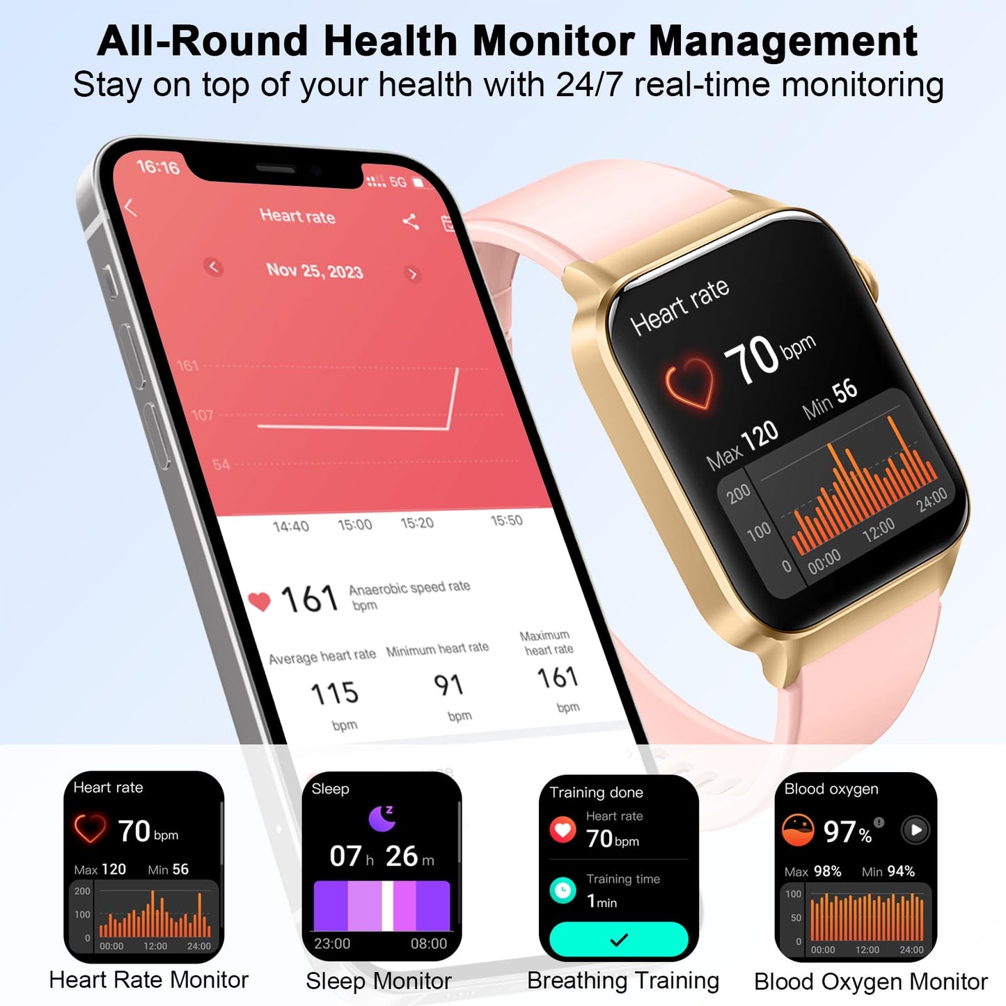 Smart Watch for Men Women(Answer/Make Call), 1.85" Smartwatch 113 Sports Modes Fitness Tracker with Heart Rate Sleep Blood Oxygen Monitor Pedometer, IP68 Waterproof Fitness Watch for Android iOS[2024]