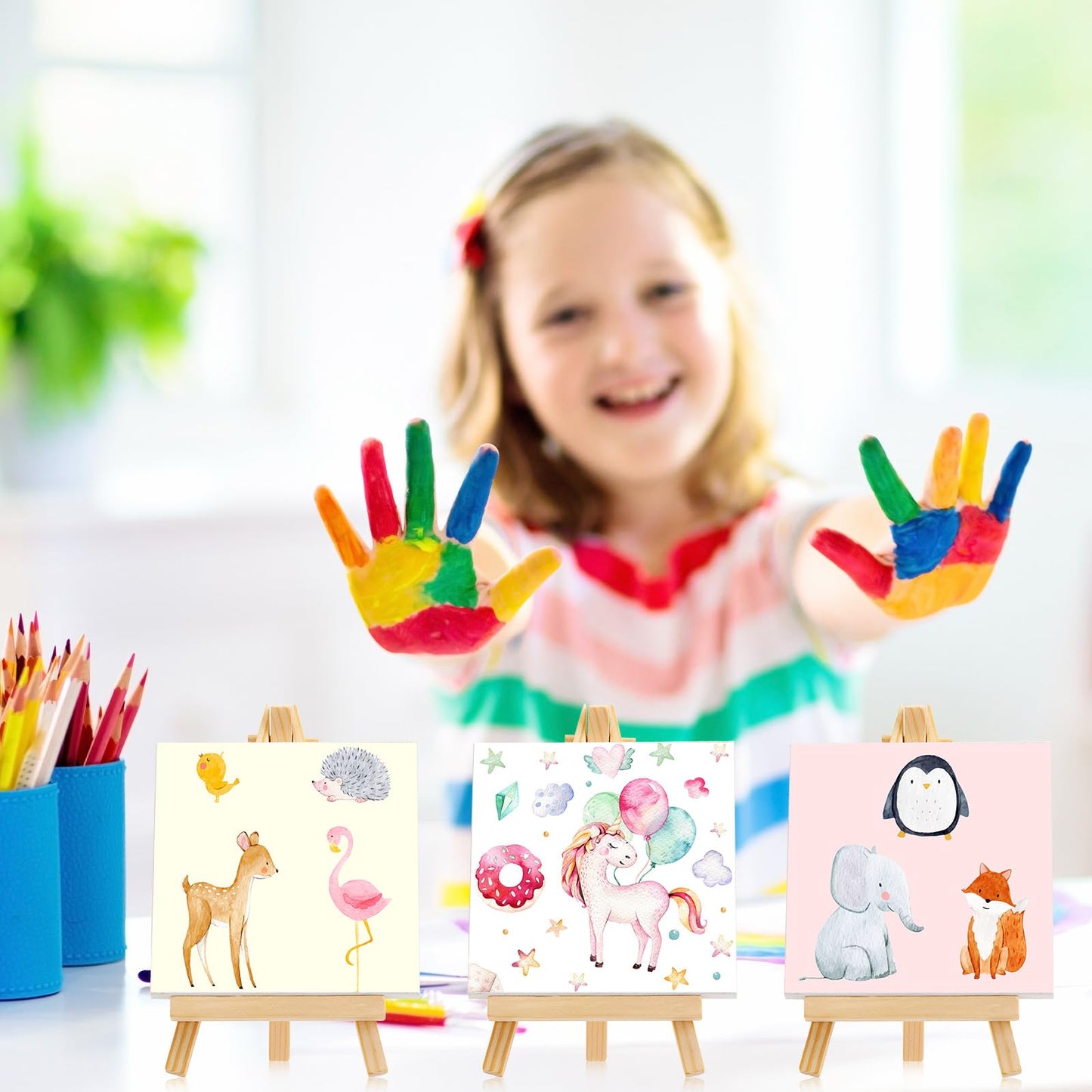 Mimorou 32 Pack Mini Canvas with Easel Sets for Painting Small Art Stretched Canvas Panels Pack with Sturdy Wood Display Easel for Kids Classroom Crafts End of The Year Gifts (3 x 3 Inch)