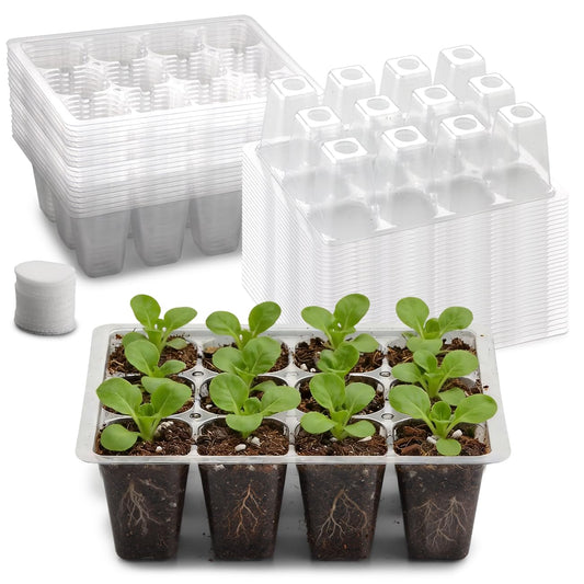 RooTrimmer 60 Pack Reusable 12-Cell Clear Seed Starter Trays - Extra Large Drainage Holes, Easy to Repotted, Clear Transparent Tray for Root Observation, Seed Starting, Fits Standard 1020 Trays