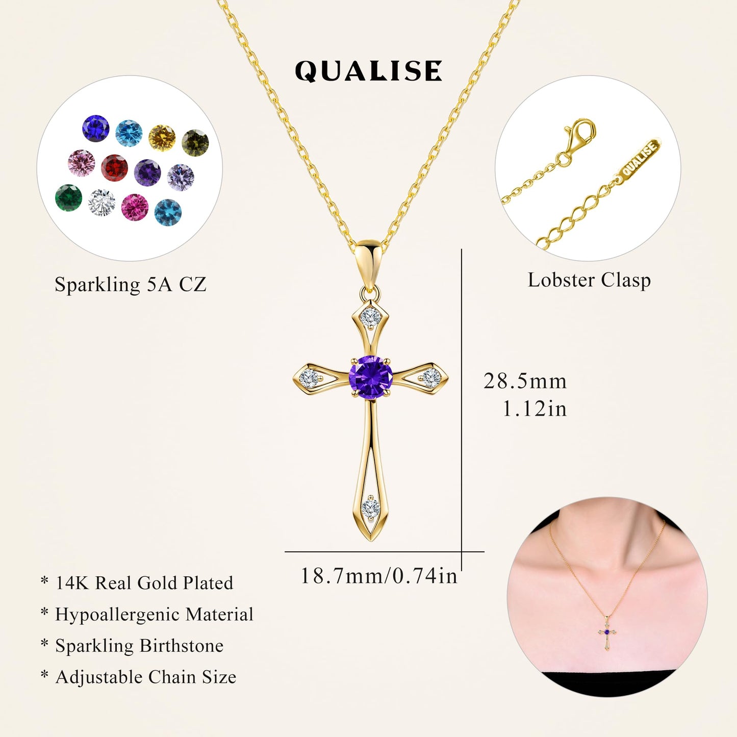 14K Gold Plated Solid Cross Necklace for Women,925 Sterling Silver Ladies Faith Cross Birthstone Pendant Christian Religious Confirmation Baptism Everyday Fine Jewelry Anniversary Birthday Gifts for Mom,Girlfriend,Grandma,Sisters