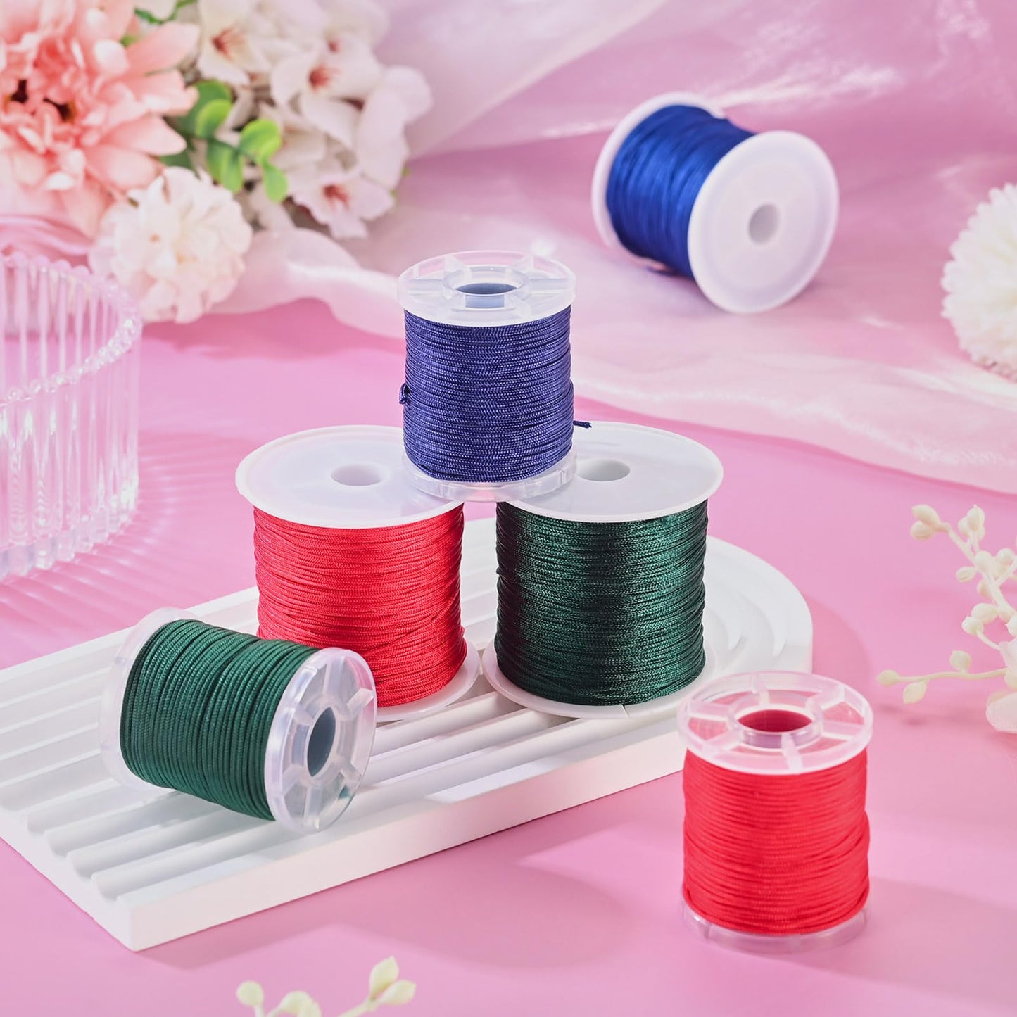 Craftora 6 Rolls 0.8 1mm Nylon Beading Twine for Frienship Bracelets,Red Blue Green Chinese Knotting Cord Kumihimo Macrame Thread for DIY Wind Chime Necklace Jewelry Making Craft