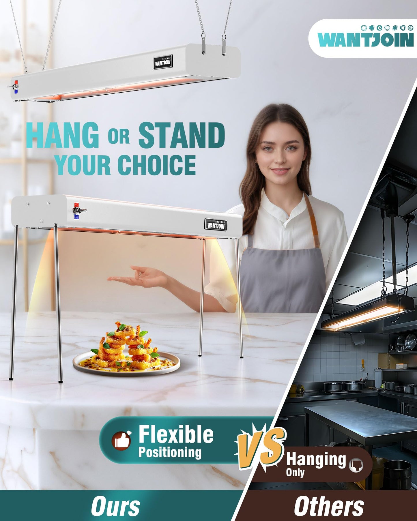 WantJoin Food Heat Lamp - 35 Inch Commercial Food Warmer Lamp Strip, 750W 86-176°F/30-80°C Electric Aluminum Hanging & Freestanding Dual-Use Heat Lamps for Kitchen Catering Restaurant Buffet, Black