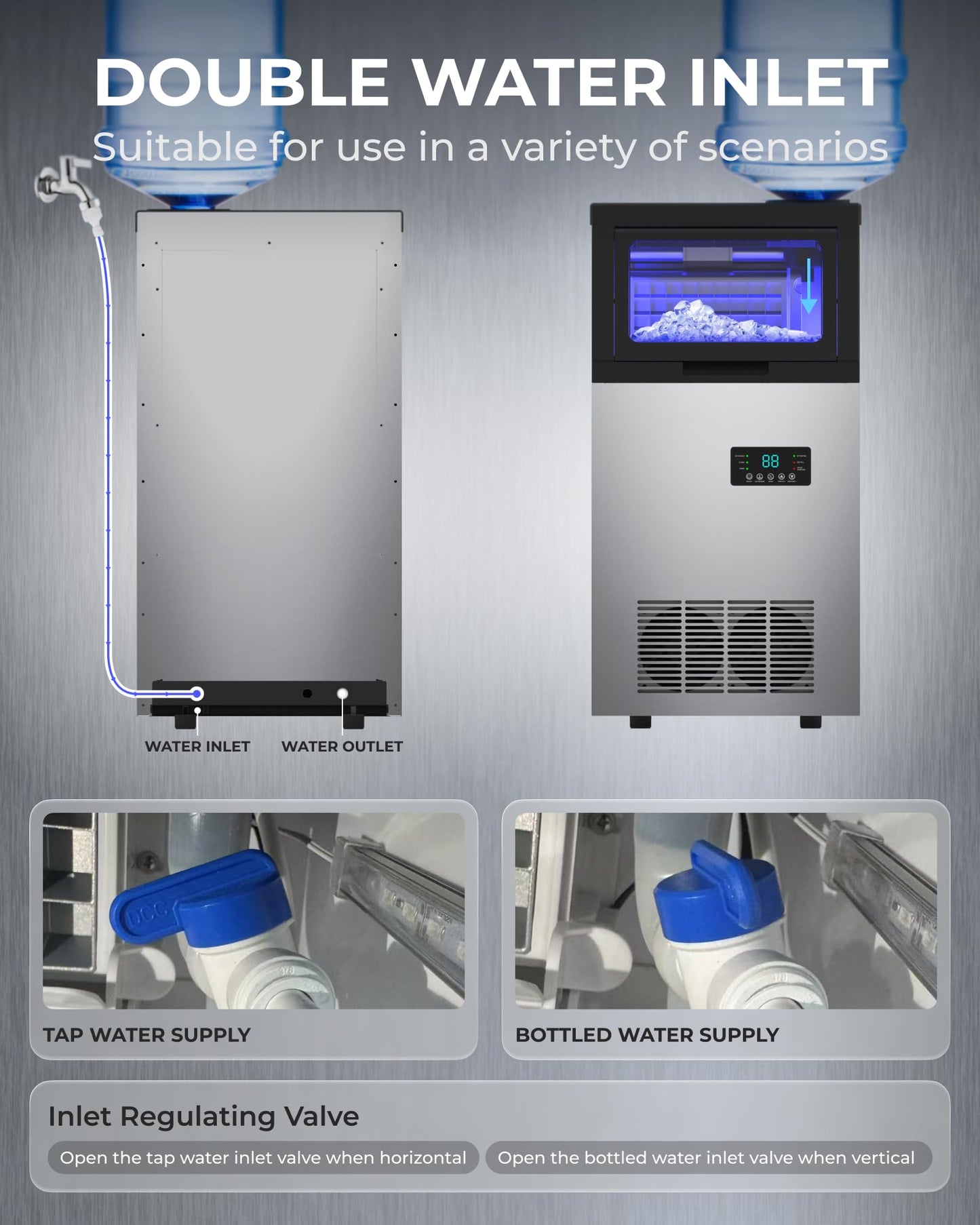 Quyndor Commercial Ice Maker Machine 120LBS/Day, Undercounter Ice Makers30LBS Storage Bin and 45 Ice Trays, Icemaker Machine Double Water Inlet with Water Line, Ice Scoop
