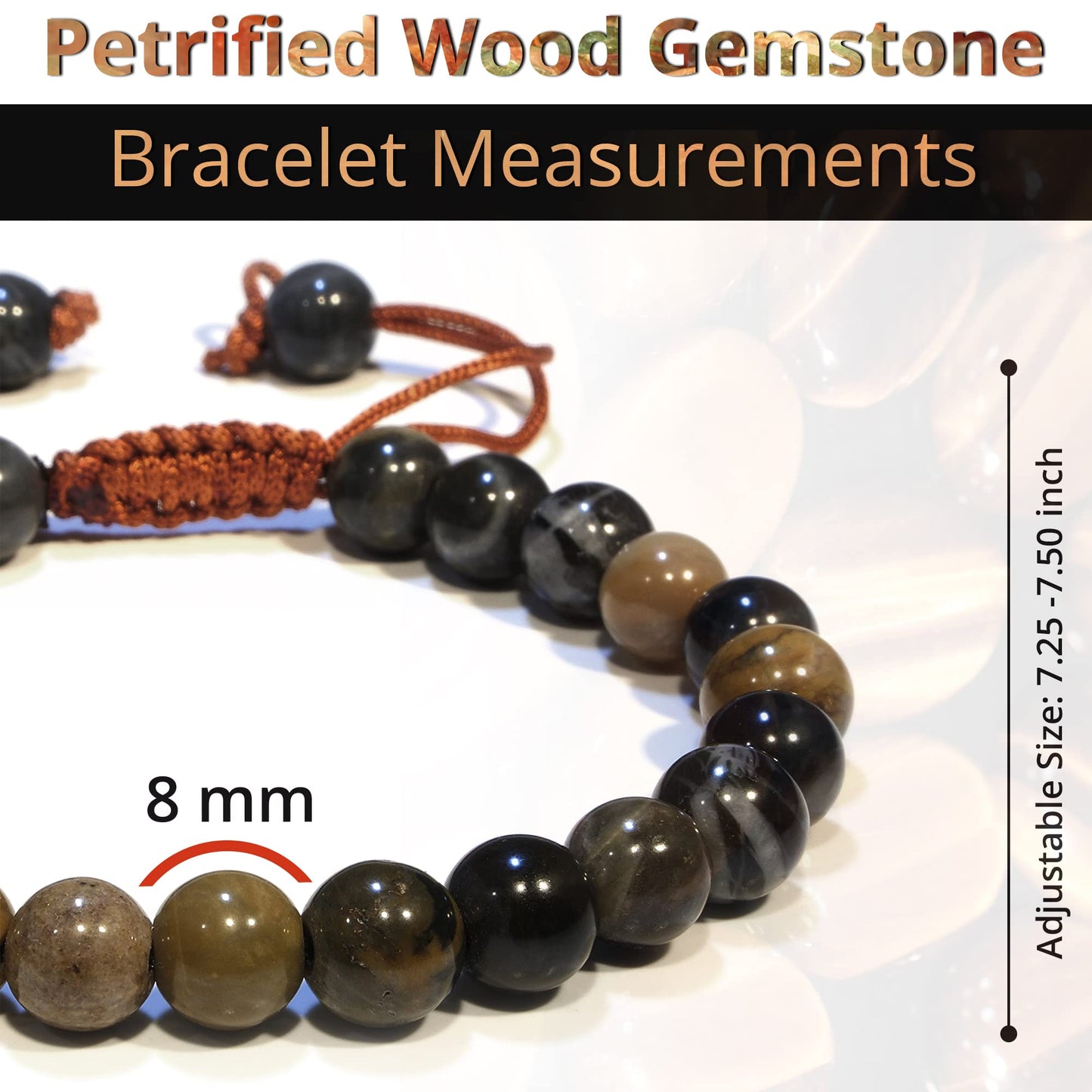ANAYA AGATE Healing Crystal Bracelet – Chic Gemstone Bracelet for Men and Women – 8mm Round Bead Bracelets for Spiritual Healing, Protection, Positive Energy - Petrified Wood