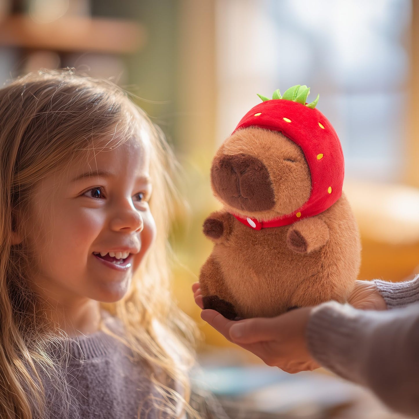 Athionsu 9’’ Capybara Plush with Strawberry Hood Cute Kawaii Soft Stuffed Animal Toy Cozy Plush Pillow for Toddler Kids Boys Girls