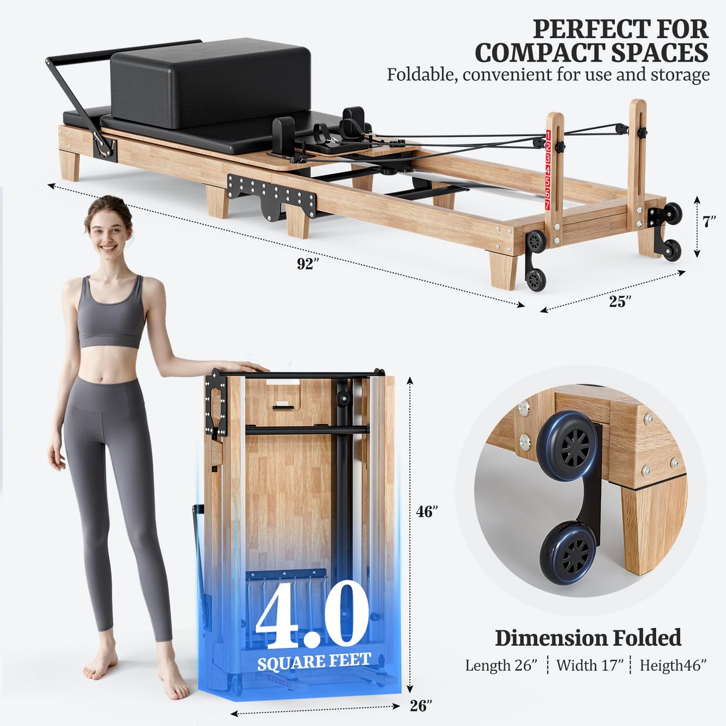 92" Foldable Solid Wood Pilates Reformer for Home with 6 Springs, Jump Board and Box, Professional Home Gym Machine for Core Strength, Stability and Full-Body Toning Includes 2 Grip Socks