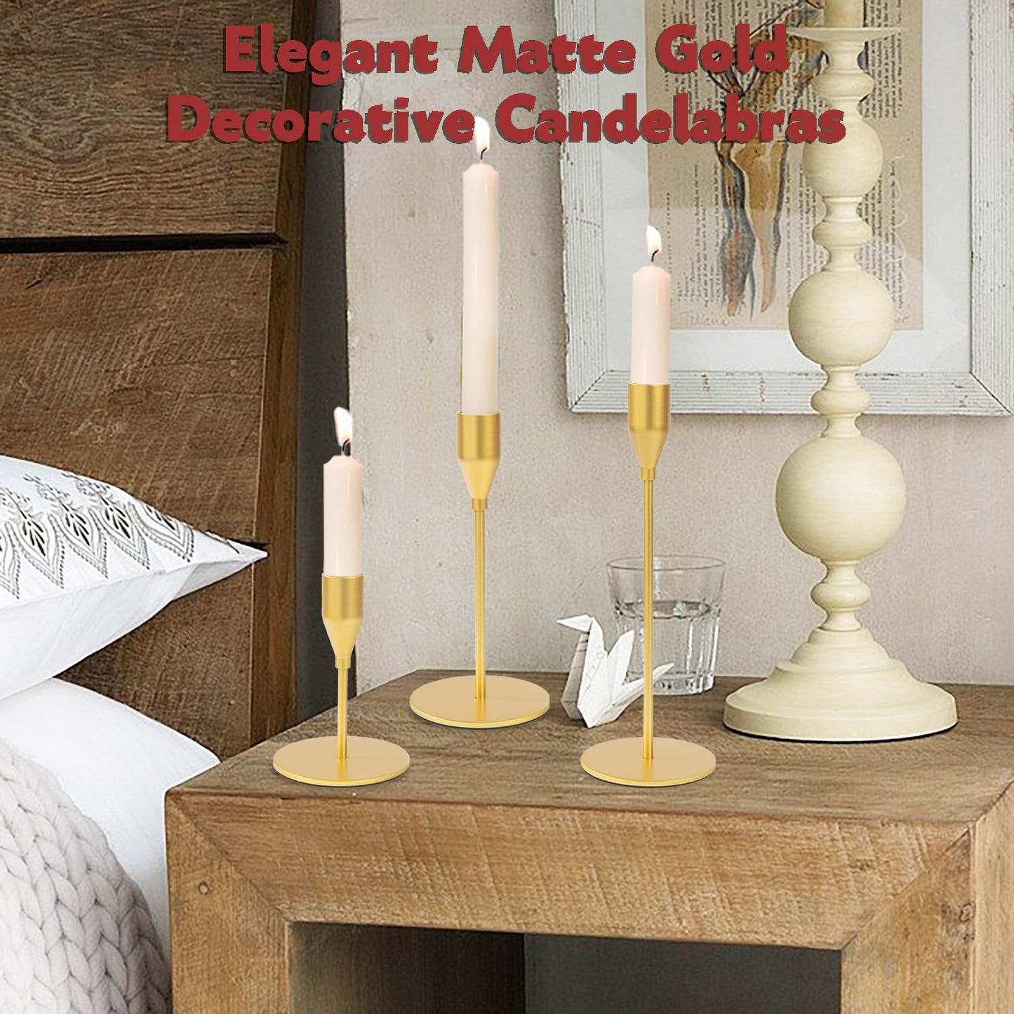 Matte Gold Candle Holders Bulk Painted Gold Metal Candlesticks Fit 0.8 Inch Taper Candles Decorative Metal Candelabra for Wedding Home Holiday Anniversary Party Dinning Table Decors (Set of 15)